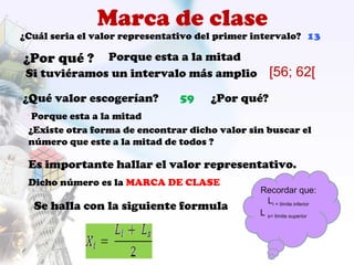 Marca de clase
¿Cuál seria el valor representativo del primer intervalo? 13
¿Por qué ? Porque esta a la mitad
Si tuviéramos un intervalo más amplio [56; 62[
¿Qué valor escogerían? ¿Por qué?59
Porque esta a la mitad
¿Existe otra forma de encontrar dicho valor sin buscar el
número que este a la mitad de todos ?
Dicho número es la MARCA DE CLASE
Es importante hallar el valor representativo.
Se halla con la siguiente formula
Recordar que:
Li = límite inferior
L s= límite superior
 