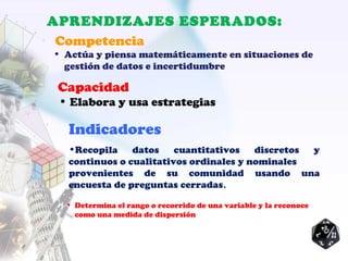 APRENDIZAJES ESPERADOS:
• Actúa y piensa matemáticamente en situaciones de
gestión de datos e incertidumbre
• Elabora y usa estrategias
• Determina el rango o recorrido de una variable y la reconoce
como una medida de dispersión
Competencia
Capacidad
Indicadores
•Recopila datos cuantitativos discretos y
continuos o cualitativos ordinales y nominales
provenientes de su comunidad usando una
encuesta de preguntas cerradas.
 