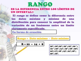 ES LA DIFERENCIA ENTRE LOS LÍMITES DE
UN INTERVALO
El rango se define como la diferencia entre
los datos máximo y mínimo de una
distribución para conocer la amplitud de la
variación de un fenómeno entre un límite
claramente especificado.
Rango = Dato máximo - Dato mínimo
En forma de ecuación
R = 22 – 14 = 8
20’ ; 16’; 20’ ; 22’ ; 22’ ; 20 ’ ;
19 ’ ; 20’ ; 14’ ; 19’ ; 18’ ; 20’;
22’; 17’; 18’ ; 15’ ; 21’; 18’ ;
20’ ; 16’.
 