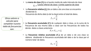 • La marca de clase (Xi) es el punto medio de cada intervalo de clase
𝑋𝑖 = Limite inferior de clase + Limite superior de clase
2
• La frecuencia relativa (fri) de un dato o de una clase se encuentra
dividiendo la
frecuencia de dicho dato (o de la clase) entre el total de datos.
𝑟𝑖
𝑓𝑖
𝑓 =
𝑛
• La frecuencia acumulada (Fi) de cualquier dato o clase, es la suma de la
frecuencia de ese mismo dato o clase con las frecuencias de todos los
demás datos o clases anteriores
𝐹𝑖 = 𝐹𝑖−1 + 𝑓𝑖
• La frecuencia relativa acumulada (Fri) de un dato o de una clase se
obtiene dividiendo la frecuencia acumulada del dato o de la clase por el
número total de datos.
𝑟𝑖
𝐹𝑖
𝐹 =
𝑛
Otros valores a
calcular para
completar nuestra
tabla de frecuencias
son:
 