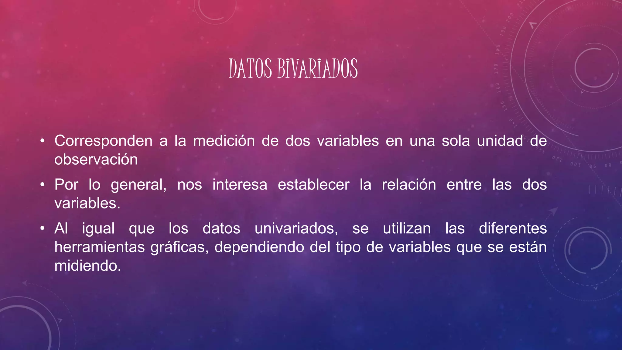DATOS BIVARIADOS
• Corresponden a la medición de dos variables en una sola unidad de
observación
• Por lo general, nos interesa establecer la relación entre las dos
variables.
• Al igual que los datos univariados, se utilizan las diferentes
herramientas gráficas, dependiendo del tipo de variables que se están
midiendo.
 
