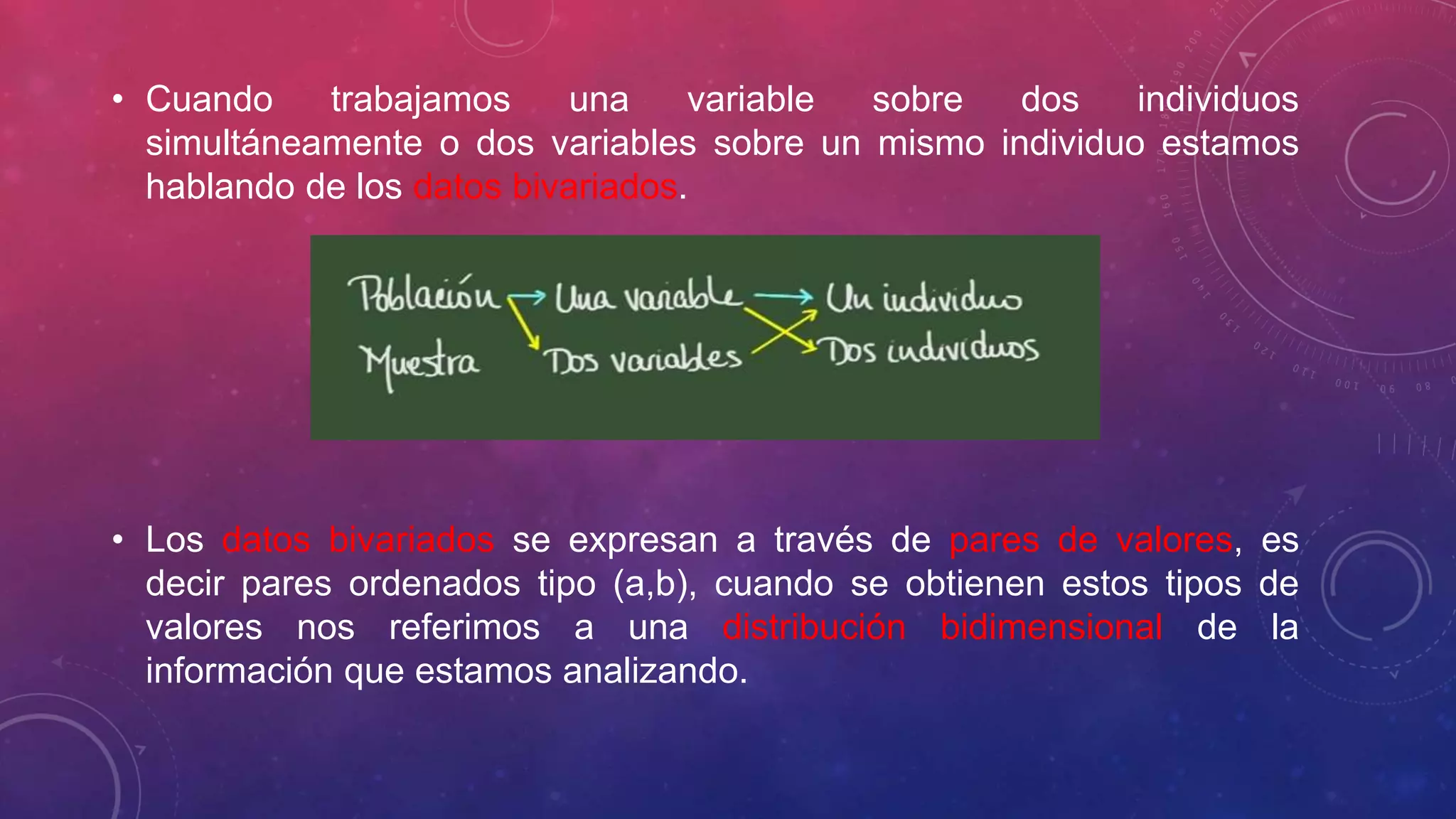 • Cuando trabajamos una variable sobre dos individuos
simultáneamente o dos variables sobre un mismo individuo estamos
hablando de los datos bivariados.
• Los datos bivariados se expresan a través de pares de valores, es
decir pares ordenados tipo (a,b), cuando se obtienen estos tipos de
valores nos referimos a una distribución bidimensional de la
información que estamos analizando.
 