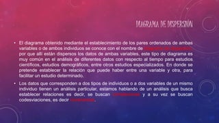 DIAGRAMA DE DISPERSIÓN
• El diagrama obtenido mediante el establecimiento de los pares ordenados de ambas
variables o de ambos individuos se conoce con el nombre de diagrama de dispersión,
por que allí están dispersos los datos de ambas variables, este tipo de diagrama es
muy común en el análisis de diferentes datos con respecto al tiempo para estudios
científicos, estudios demográficos, entre otros estudios especializados. En donde se
pretende establecer la relación que puede haber entre una variable y otra, para
facilitar un estudio determinado.
• Los datos que corresponden a dos tipos de individuos o a dos variables de un mismo
individuo tienen un análisis particular, estamos hablando de un análisis que busca
establecer relaciones es decir, se buscan correlaciones y a su vez se buscan
codesviaciones, es decir covarianzas.
 