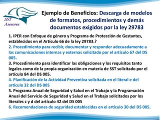 Ejemplo de Beneficios: Descarga de modelos
de formatos, procedimientos y demás
documentos exigidos por la ley 29783
1. IPER con Enfoque de género y Programa de Protección de
Gestantes, establecidos en el Artículo 66 de la ley 29783.?
2. Procedimiento para recibir, documentar y responder adecuadamente a
las comunicaciones internas y externas solicitado por el artículo 67 del DS
005.
3. Procedimiento para identificar las obligaciones y los requisitos tanto
legales como de la propia organización en materia de SST solicitado por el
artículo 84 del DS 005.
4. Planificación de la Actividad Preventiva solicitada en el literal e del
artículo 32 del DS 005
5. Programa Anual de Seguridad y Salud en el Trabajo y la Programación
Anual del Servicio de Seguridad y Salud en el Trabajo solicitados por los
literales c y d del artículo 42 del DS 005
6. Recomendaciones de seguridad establecidas en el artículo 30 del DS 005.
 