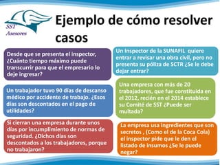 Ejemplo de cómo resolver
casos
Un trabajador tuvo 90 días de descanso
médico por accidente de trabajo. ¿Esos
días son descontados en el pago de
utilidades?
Si cierran una empresa durante unos
días por incumplimiento de normas de
seguridad. ¿Dichos días son
descontados a los trabajadores, porque
no trabajaron?
Un Inspector de la SUNAFIL quiere
entrar a revisar una obra civil, pero no
presenta su póliza de SCTR ¿Se le debe
dejar entrar?
Una empresa con más de 20
trabajadores, que fue constituida en
el 2012, recién en el 2014 establece
su Comité de SST ¿Puede ser
multada?
Desde que se presenta el
inspector, ¿Cuánto tiempo máximo
puede transcurrir para que el
empresario lo deje ingresar?
La empresa usa ingredientes que son
secretos , (Como el de la Coca Cola)
el inspector pide que le den el
listado de insumos ¿Se le puede
negar?
 