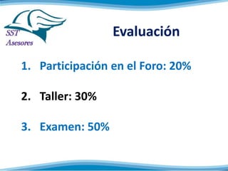 Evaluación
1. Participación en el Foro: 20%
2. Taller: 30%
3. Examen: 50%
 