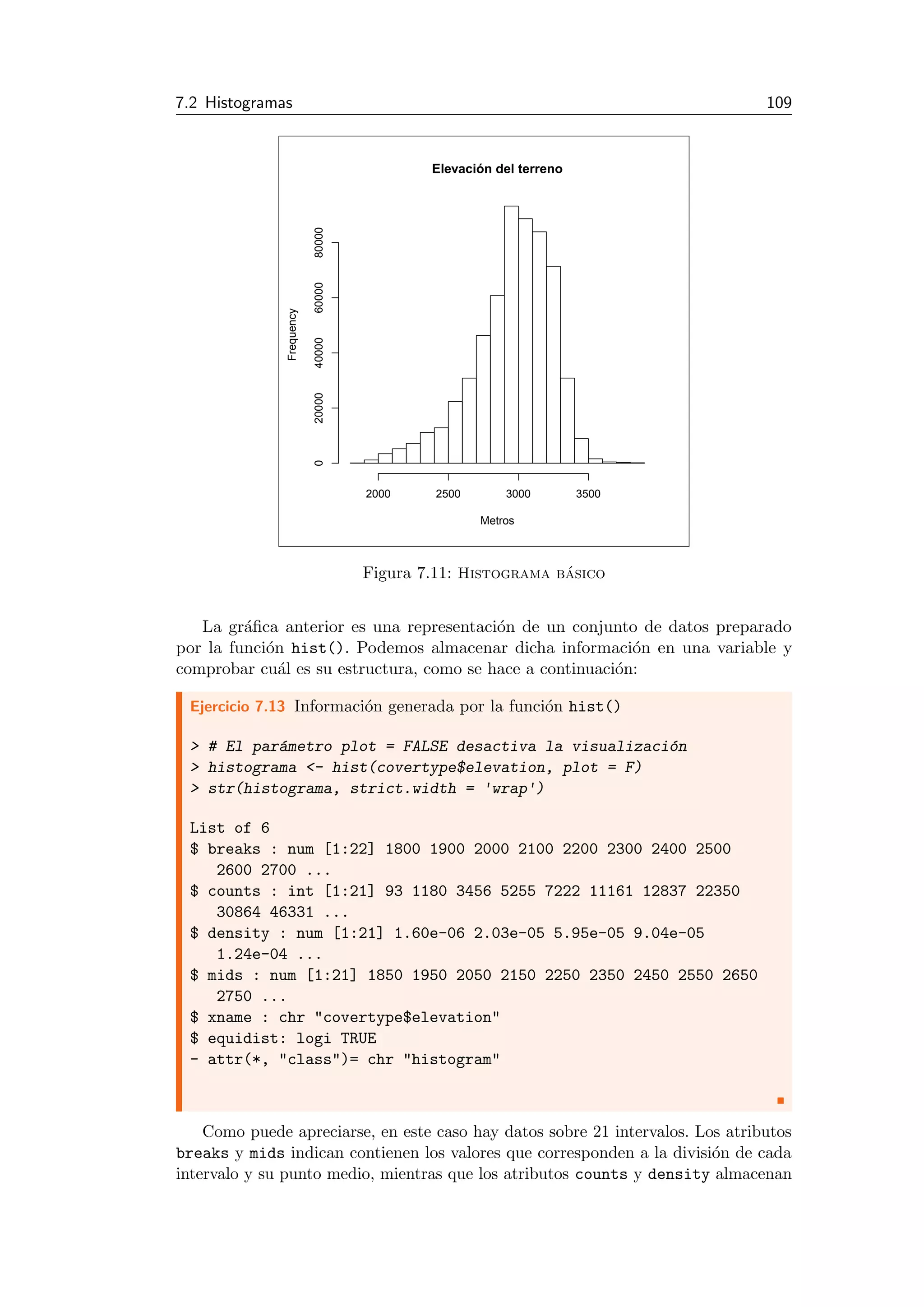7.2 Histogramas 109
Elevación del terreno
Metros
Frequency
2000 2500 3000 3500
020000400006000080000
Figura 7.11: Histograma b´asico
La gr´aﬁca anterior es una representaci´on de un conjunto de datos preparado
por la funci´on hist(). Podemos almacenar dicha informaci´on en una variable y
comprobar cu´al es su estructura, como se hace a continuaci´on:
Ejercicio 7.13 Informaci´on generada por la funci´on hist()
> # El par´ametro plot = FALSE desactiva la visualizaci´on
> histograma <- hist(covertype$elevation, plot = F)
> str(histograma, strict.width = 'wrap')
List of 6
$ breaks : num [1:22] 1800 1900 2000 2100 2200 2300 2400 2500
2600 2700 ...
$ counts : int [1:21] 93 1180 3456 5255 7222 11161 12837 22350
30864 46331 ...
$ density : num [1:21] 1.60e-06 2.03e-05 5.95e-05 9.04e-05
1.24e-04 ...
$ mids : num [1:21] 1850 1950 2050 2150 2250 2350 2450 2550 2650
2750 ...
$ xname : chr "covertype$elevation"
$ equidist: logi TRUE
- attr(*, "class")= chr "histogram"
Como puede apreciarse, en este caso hay datos sobre 21 intervalos. Los atributos
breaks y mids indican contienen los valores que corresponden a la divisi´on de cada
intervalo y su punto medio, mientras que los atributos counts y density almacenan
 