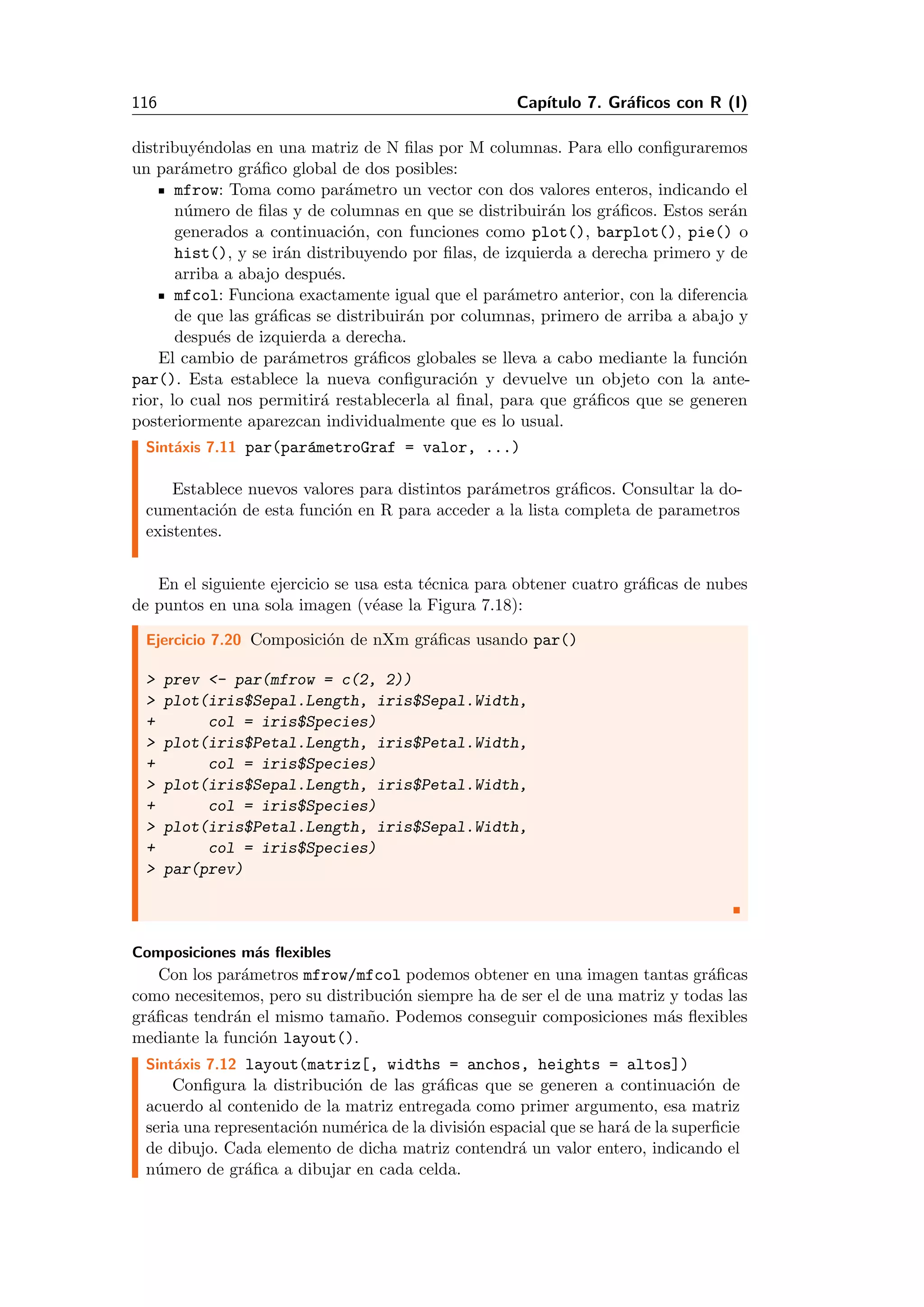 116 Cap´ıtulo 7. Gr´aﬁcos con R (I)
distribuy´endolas en una matriz de N ﬁlas por M columnas. Para ello conﬁguraremos
un par´ametro gr´aﬁco global de dos posibles:
mfrow: Toma como par´ametro un vector con dos valores enteros, indicando el
n´umero de ﬁlas y de columnas en que se distribuir´an los gr´aﬁcos. Estos ser´an
generados a continuaci´on, con funciones como plot(), barplot(), pie() o
hist(), y se ir´an distribuyendo por ﬁlas, de izquierda a derecha primero y de
arriba a abajo despu´es.
mfcol: Funciona exactamente igual que el par´ametro anterior, con la diferencia
de que las gr´aﬁcas se distribuir´an por columnas, primero de arriba a abajo y
despu´es de izquierda a derecha.
El cambio de par´ametros gr´aﬁcos globales se lleva a cabo mediante la funci´on
par(). Esta establece la nueva conﬁguraci´on y devuelve un objeto con la ante-
rior, lo cual nos permitir´a restablecerla al ﬁnal, para que gr´aﬁcos que se generen
posteriormente aparezcan individualmente que es lo usual.
Sint´axis 7.11 par(par´ametroGraf = valor, ...)
Establece nuevos valores para distintos par´ametros gr´aﬁcos. Consultar la do-
cumentaci´on de esta funci´on en R para acceder a la lista completa de parametros
existentes.
En el siguiente ejercicio se usa esta t´ecnica para obtener cuatro gr´aﬁcas de nubes
de puntos en una sola imagen (v´ease la Figura 7.18):
Ejercicio 7.20 Composici´on de nXm gr´aﬁcas usando par()
> prev <- par(mfrow = c(2, 2))
> plot(iris$Sepal.Length, iris$Sepal.Width,
+ col = iris$Species)
> plot(iris$Petal.Length, iris$Petal.Width,
+ col = iris$Species)
> plot(iris$Sepal.Length, iris$Petal.Width,
+ col = iris$Species)
> plot(iris$Petal.Length, iris$Sepal.Width,
+ col = iris$Species)
> par(prev)
Composiciones m´as ﬂexibles
Con los par´ametros mfrow/mfcol podemos obtener en una imagen tantas gr´aﬁcas
como necesitemos, pero su distribuci´on siempre ha de ser el de una matriz y todas las
gr´aﬁcas tendr´an el mismo tama˜no. Podemos conseguir composiciones m´as ﬂexibles
mediante la funci´on layout().
Sint´axis 7.12 layout(matriz[, widths = anchos, heights = altos])
Conﬁgura la distribuci´on de las gr´aﬁcas que se generen a continuaci´on de
acuerdo al contenido de la matriz entregada como primer argumento, esa matriz
seria una representaci´on num´erica de la divisi´on espacial que se har´a de la superﬁcie
de dibujo. Cada elemento de dicha matriz contendr´a un valor entero, indicando el
n´umero de gr´aﬁca a dibujar en cada celda.
 