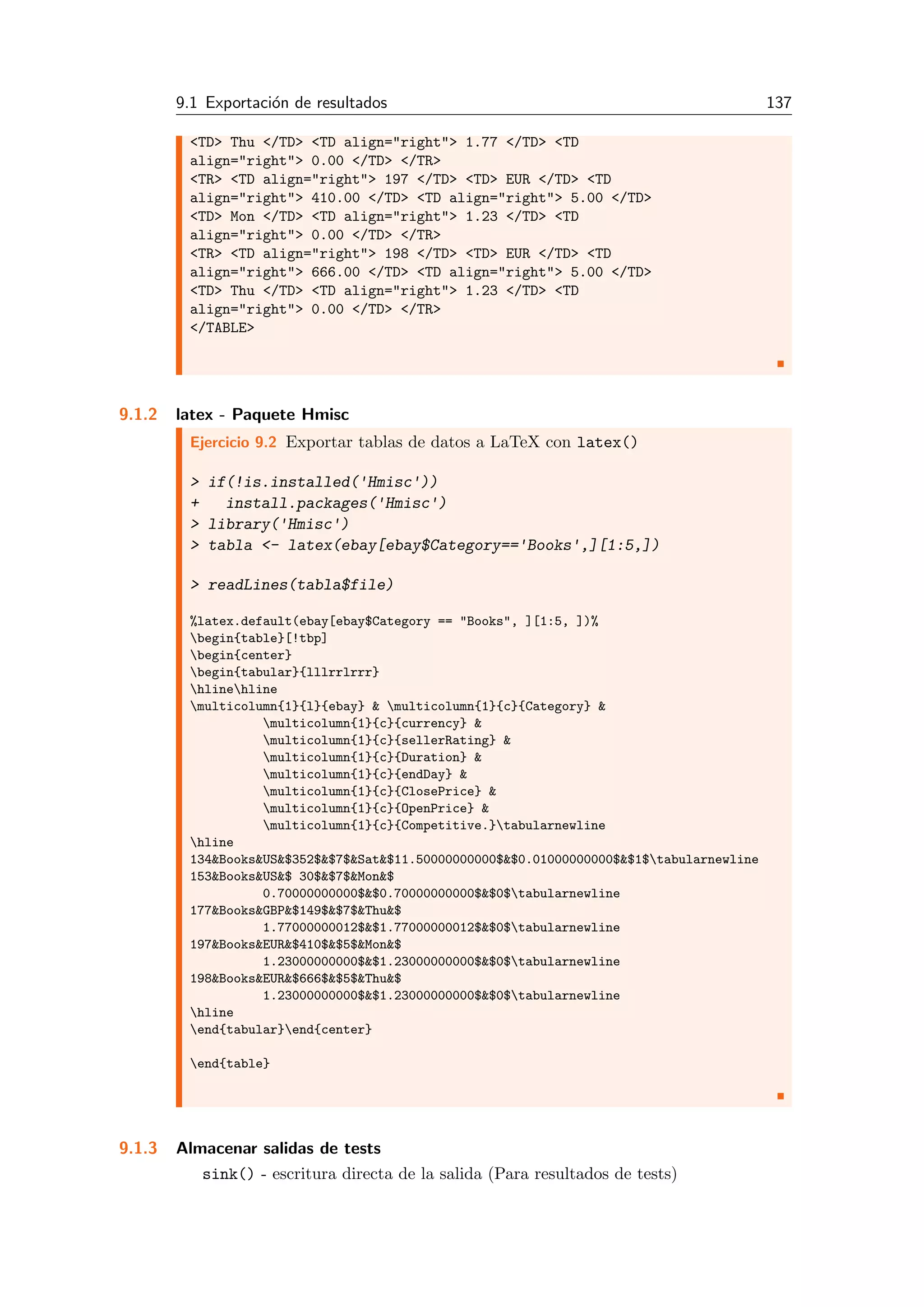 9.1 Exportaci´on de resultados 137
<TD> Thu </TD> <TD align="right"> 1.77 </TD> <TD
align="right"> 0.00 </TD> </TR>
<TR> <TD align="right"> 197 </TD> <TD> EUR </TD> <TD
align="right"> 410.00 </TD> <TD align="right"> 5.00 </TD>
<TD> Mon </TD> <TD align="right"> 1.23 </TD> <TD
align="right"> 0.00 </TD> </TR>
<TR> <TD align="right"> 198 </TD> <TD> EUR </TD> <TD
align="right"> 666.00 </TD> <TD align="right"> 5.00 </TD>
<TD> Thu </TD> <TD align="right"> 1.23 </TD> <TD
align="right"> 0.00 </TD> </TR>
</TABLE>
9.1.2 latex - Paquete Hmisc
Ejercicio 9.2 Exportar tablas de datos a LaTeX con latex()
> if(!is.installed('Hmisc'))
+ install.packages('Hmisc')
> library('Hmisc')
> tabla <- latex(ebay[ebay$Category=='Books',][1:5,])
> readLines(tabla$file)
%latex.default(ebay[ebay$Category == "Books", ][1:5, ])%
begin{table}[!tbp]
begin{center}
begin{tabular}{lllrrlrrr}
hlinehline
multicolumn{1}{l}{ebay} & multicolumn{1}{c}{Category} &
multicolumn{1}{c}{currency} &
multicolumn{1}{c}{sellerRating} &
multicolumn{1}{c}{Duration} &
multicolumn{1}{c}{endDay} &
multicolumn{1}{c}{ClosePrice} &
multicolumn{1}{c}{OpenPrice} &
multicolumn{1}{c}{Competitive.}tabularnewline
hline
134&Books&US&$352$&$7$&Sat&$11.50000000000$&$0.01000000000$&$1$tabularnewline
153&Books&US&$ 30$&$7$&Mon&$
0.70000000000$&$0.70000000000$&$0$tabularnewline
177&Books&GBP&$149$&$7$&Thu&$
1.77000000012$&$1.77000000012$&$0$tabularnewline
197&Books&EUR&$410$&$5$&Mon&$
1.23000000000$&$1.23000000000$&$0$tabularnewline
198&Books&EUR&$666$&$5$&Thu&$
1.23000000000$&$1.23000000000$&$0$tabularnewline
hline
end{tabular}end{center}
end{table}
9.1.3 Almacenar salidas de tests
sink() - escritura directa de la salida (Para resultados de tests)
 