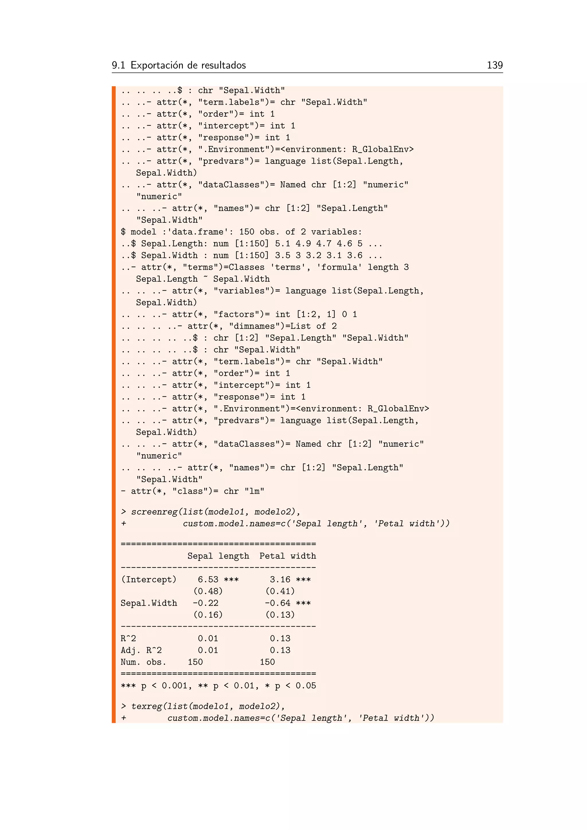 9.1 Exportaci´on de resultados 139
.. .. .. ..$ : chr "Sepal.Width"
.. ..- attr(*, "term.labels")= chr "Sepal.Width"
.. ..- attr(*, "order")= int 1
.. ..- attr(*, "intercept")= int 1
.. ..- attr(*, "response")= int 1
.. ..- attr(*, ".Environment")=<environment: R_GlobalEnv>
.. ..- attr(*, "predvars")= language list(Sepal.Length,
Sepal.Width)
.. ..- attr(*, "dataClasses")= Named chr [1:2] "numeric"
"numeric"
.. .. ..- attr(*, "names")= chr [1:2] "Sepal.Length"
"Sepal.Width"
$ model :'data.frame': 150 obs. of 2 variables:
..$ Sepal.Length: num [1:150] 5.1 4.9 4.7 4.6 5 ...
..$ Sepal.Width : num [1:150] 3.5 3 3.2 3.1 3.6 ...
..- attr(*, "terms")=Classes 'terms', 'formula' length 3
Sepal.Length ~ Sepal.Width
.. .. ..- attr(*, "variables")= language list(Sepal.Length,
Sepal.Width)
.. .. ..- attr(*, "factors")= int [1:2, 1] 0 1
.. .. .. ..- attr(*, "dimnames")=List of 2
.. .. .. .. ..$ : chr [1:2] "Sepal.Length" "Sepal.Width"
.. .. .. .. ..$ : chr "Sepal.Width"
.. .. ..- attr(*, "term.labels")= chr "Sepal.Width"
.. .. ..- attr(*, "order")= int 1
.. .. ..- attr(*, "intercept")= int 1
.. .. ..- attr(*, "response")= int 1
.. .. ..- attr(*, ".Environment")=<environment: R_GlobalEnv>
.. .. ..- attr(*, "predvars")= language list(Sepal.Length,
Sepal.Width)
.. .. ..- attr(*, "dataClasses")= Named chr [1:2] "numeric"
"numeric"
.. .. .. ..- attr(*, "names")= chr [1:2] "Sepal.Length"
"Sepal.Width"
- attr(*, "class")= chr "lm"
> screenreg(list(modelo1, modelo2),
+ custom.model.names=c('Sepal length', 'Petal width'))
======================================
Sepal length Petal width
--------------------------------------
(Intercept) 6.53 *** 3.16 ***
(0.48) (0.41)
Sepal.Width -0.22 -0.64 ***
(0.16) (0.13)
--------------------------------------
R^2 0.01 0.13
Adj. R^2 0.01 0.13
Num. obs. 150 150
======================================
*** p < 0.001, ** p < 0.01, * p < 0.05
> texreg(list(modelo1, modelo2),
+ custom.model.names=c('Sepal length', 'Petal width'))
 