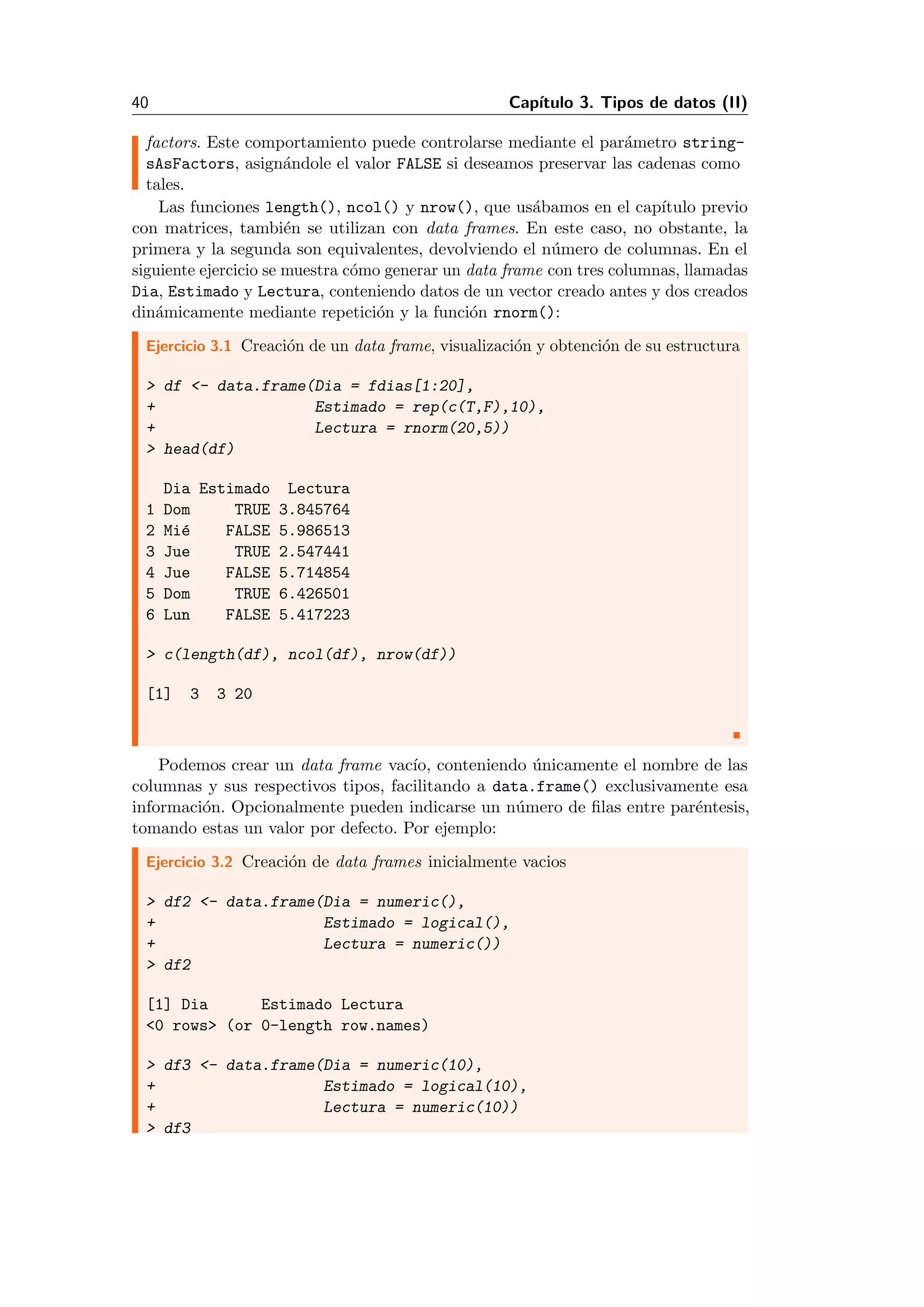 40 Cap´ıtulo 3. Tipos de datos (II)
factors. Este comportamiento puede controlarse mediante el par´ametro string-
sAsFactors, asign´andole el valor FALSE si deseamos preservar las cadenas como
tales.
Las funciones length(), ncol() y nrow(), que us´abamos en el cap´ıtulo previo
con matrices, tambi´en se utilizan con data frames. En este caso, no obstante, la
primera y la segunda son equivalentes, devolviendo el n´umero de columnas. En el
siguiente ejercicio se muestra c´omo generar un data frame con tres columnas, llamadas
Dia, Estimado y Lectura, conteniendo datos de un vector creado antes y dos creados
din´amicamente mediante repetici´on y la funci´on rnorm():
Ejercicio 3.1 Creaci´on de un data frame, visualizaci´on y obtenci´on de su estructura
> df <- data.frame(Dia = fdias[1:20],
+ Estimado = rep(c(T,F),10),
+ Lectura = rnorm(20,5))
> head(df)
Dia Estimado Lectura
1 Dom TRUE 3.845764
2 Mi´e FALSE 5.986513
3 Jue TRUE 2.547441
4 Jue FALSE 5.714854
5 Dom TRUE 6.426501
6 Lun FALSE 5.417223
> c(length(df), ncol(df), nrow(df))
[1] 3 3 20
Podemos crear un data frame vac´ıo, conteniendo ´unicamente el nombre de las
columnas y sus respectivos tipos, facilitando a data.frame() exclusivamente esa
informaci´on. Opcionalmente pueden indicarse un n´umero de ﬁlas entre par´entesis,
tomando estas un valor por defecto. Por ejemplo:
Ejercicio 3.2 Creaci´on de data frames inicialmente vacios
> df2 <- data.frame(Dia = numeric(),
+ Estimado = logical(),
+ Lectura = numeric())
> df2
[1] Dia Estimado Lectura
<0 rows> (or 0-length row.names)
> df3 <- data.frame(Dia = numeric(10),
+ Estimado = logical(10),
+ Lectura = numeric(10))
> df3
 