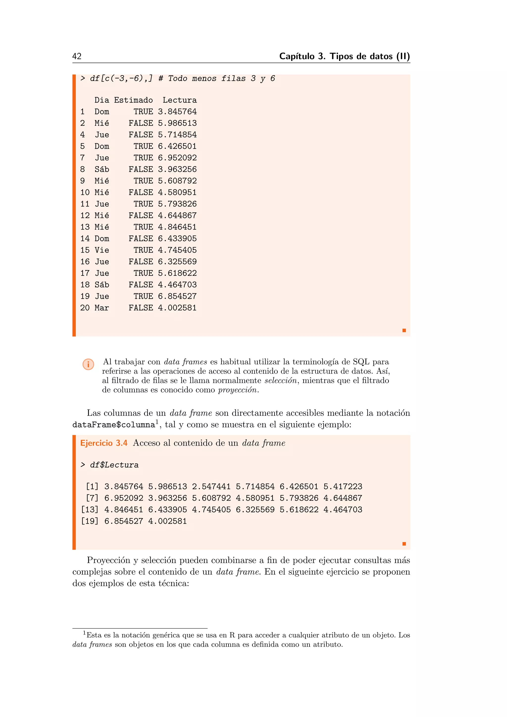 42 Cap´ıtulo 3. Tipos de datos (II)
> df[c(-3,-6),] # Todo menos filas 3 y 6
Dia Estimado Lectura
1 Dom TRUE 3.845764
2 Mi´e FALSE 5.986513
4 Jue FALSE 5.714854
5 Dom TRUE 6.426501
7 Jue TRUE 6.952092
8 S´ab FALSE 3.963256
9 Mi´e TRUE 5.608792
10 Mi´e FALSE 4.580951
11 Jue TRUE 5.793826
12 Mi´e FALSE 4.644867
13 Mi´e TRUE 4.846451
14 Dom FALSE 6.433905
15 Vie TRUE 4.745405
16 Jue FALSE 6.325569
17 Jue TRUE 5.618622
18 S´ab FALSE 4.464703
19 Jue TRUE 6.854527
20 Mar FALSE 4.002581
i Al trabajar con data frames es habitual utilizar la terminolog´ıa de SQL para
referirse a las operaciones de acceso al contenido de la estructura de datos. As´ı,
al ﬁltrado de ﬁlas se le llama normalmente selecci´on, mientras que el ﬁltrado
de columnas es conocido como proyecci´on.
Las columnas de un data frame son directamente accesibles mediante la notaci´on
dataFrame$columna1, tal y como se muestra en el siguiente ejemplo:
Ejercicio 3.4 Acceso al contenido de un data frame
> df$Lectura
[1] 3.845764 5.986513 2.547441 5.714854 6.426501 5.417223
[7] 6.952092 3.963256 5.608792 4.580951 5.793826 4.644867
[13] 4.846451 6.433905 4.745405 6.325569 5.618622 4.464703
[19] 6.854527 4.002581
Proyecci´on y selecci´on pueden combinarse a ﬁn de poder ejecutar consultas m´as
complejas sobre el contenido de un data frame. En el sigueinte ejercicio se proponen
dos ejemplos de esta t´ecnica:
1Esta es la notaci´on gen´erica que se usa en R para acceder a cualquier atributo de un objeto. Los
data frames son objetos en los que cada columna es deﬁnida como un atributo.
 