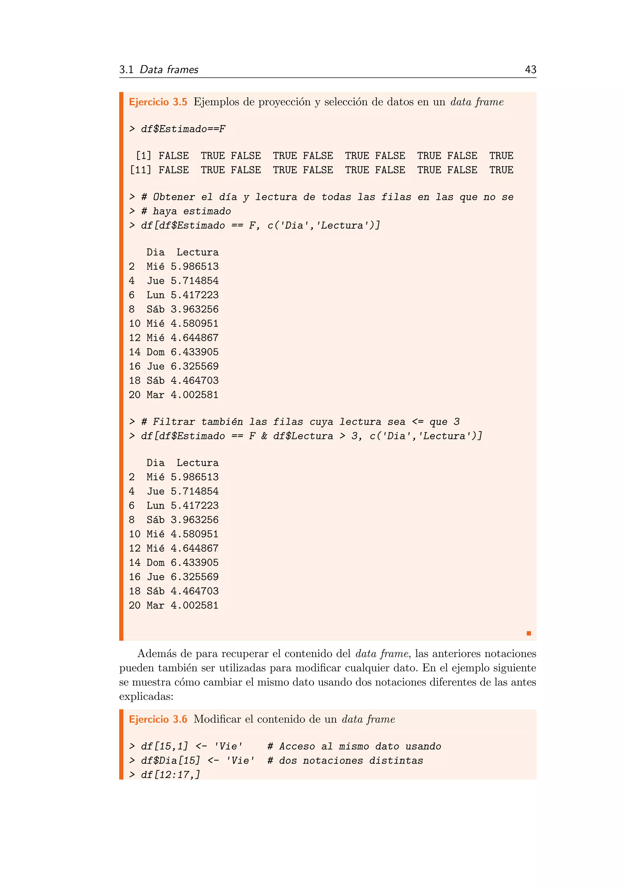 3.1 Data frames 43
Ejercicio 3.5 Ejemplos de proyecci´on y selecci´on de datos en un data frame
> df$Estimado==F
[1] FALSE TRUE FALSE TRUE FALSE TRUE FALSE TRUE FALSE TRUE
[11] FALSE TRUE FALSE TRUE FALSE TRUE FALSE TRUE FALSE TRUE
> # Obtener el d´ıa y lectura de todas las filas en las que no se
> # haya estimado
> df[df$Estimado == F, c('Dia','Lectura')]
Dia Lectura
2 Mi´e 5.986513
4 Jue 5.714854
6 Lun 5.417223
8 S´ab 3.963256
10 Mi´e 4.580951
12 Mi´e 4.644867
14 Dom 6.433905
16 Jue 6.325569
18 S´ab 4.464703
20 Mar 4.002581
> # Filtrar tambi´en las filas cuya lectura sea <= que 3
> df[df$Estimado == F & df$Lectura > 3, c('Dia','Lectura')]
Dia Lectura
2 Mi´e 5.986513
4 Jue 5.714854
6 Lun 5.417223
8 S´ab 3.963256
10 Mi´e 4.580951
12 Mi´e 4.644867
14 Dom 6.433905
16 Jue 6.325569
18 S´ab 4.464703
20 Mar 4.002581
Adem´as de para recuperar el contenido del data frame, las anteriores notaciones
pueden tambi´en ser utilizadas para modiﬁcar cualquier dato. En el ejemplo siguiente
se muestra c´omo cambiar el mismo dato usando dos notaciones diferentes de las antes
explicadas:
Ejercicio 3.6 Modiﬁcar el contenido de un data frame
> df[15,1] <- 'Vie' # Acceso al mismo dato usando
> df$Dia[15] <- 'Vie' # dos notaciones distintas
> df[12:17,]
 