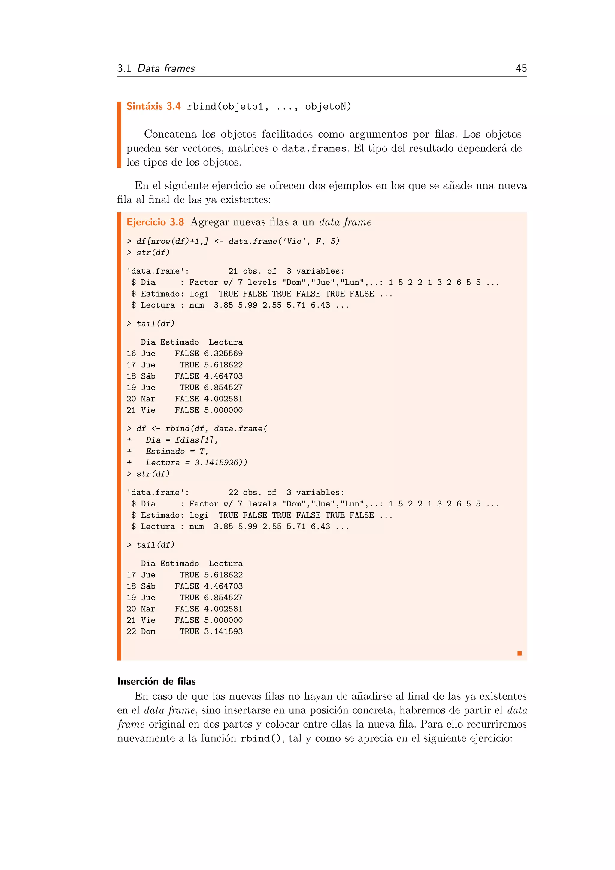 3.1 Data frames 45
Sint´axis 3.4 rbind(objeto1, ..., objetoN)
Concatena los objetos facilitados como argumentos por ﬁlas. Los objetos
pueden ser vectores, matrices o data.frames. El tipo del resultado depender´a de
los tipos de los objetos.
En el siguiente ejercicio se ofrecen dos ejemplos en los que se a˜nade una nueva
ﬁla al ﬁnal de las ya existentes:
Ejercicio 3.8 Agregar nuevas ﬁlas a un data frame
> df[nrow(df)+1,] <- data.frame('Vie', F, 5)
> str(df)
'data.frame': 21 obs. of 3 variables:
$ Dia : Factor w/ 7 levels "Dom","Jue","Lun",..: 1 5 2 2 1 3 2 6 5 5 ...
$ Estimado: logi TRUE FALSE TRUE FALSE TRUE FALSE ...
$ Lectura : num 3.85 5.99 2.55 5.71 6.43 ...
> tail(df)
Dia Estimado Lectura
16 Jue FALSE 6.325569
17 Jue TRUE 5.618622
18 S´ab FALSE 4.464703
19 Jue TRUE 6.854527
20 Mar FALSE 4.002581
21 Vie FALSE 5.000000
> df <- rbind(df, data.frame(
+ Dia = fdias[1],
+ Estimado = T,
+ Lectura = 3.1415926))
> str(df)
'data.frame': 22 obs. of 3 variables:
$ Dia : Factor w/ 7 levels "Dom","Jue","Lun",..: 1 5 2 2 1 3 2 6 5 5 ...
$ Estimado: logi TRUE FALSE TRUE FALSE TRUE FALSE ...
$ Lectura : num 3.85 5.99 2.55 5.71 6.43 ...
> tail(df)
Dia Estimado Lectura
17 Jue TRUE 5.618622
18 S´ab FALSE 4.464703
19 Jue TRUE 6.854527
20 Mar FALSE 4.002581
21 Vie FALSE 5.000000
22 Dom TRUE 3.141593
Inserci´on de ﬁlas
En caso de que las nuevas ﬁlas no hayan de a˜nadirse al ﬁnal de las ya existentes
en el data frame, sino insertarse en una posici´on concreta, habremos de partir el data
frame original en dos partes y colocar entre ellas la nueva ﬁla. Para ello recurriremos
nuevamente a la funci´on rbind(), tal y como se aprecia en el siguiente ejercicio:
 