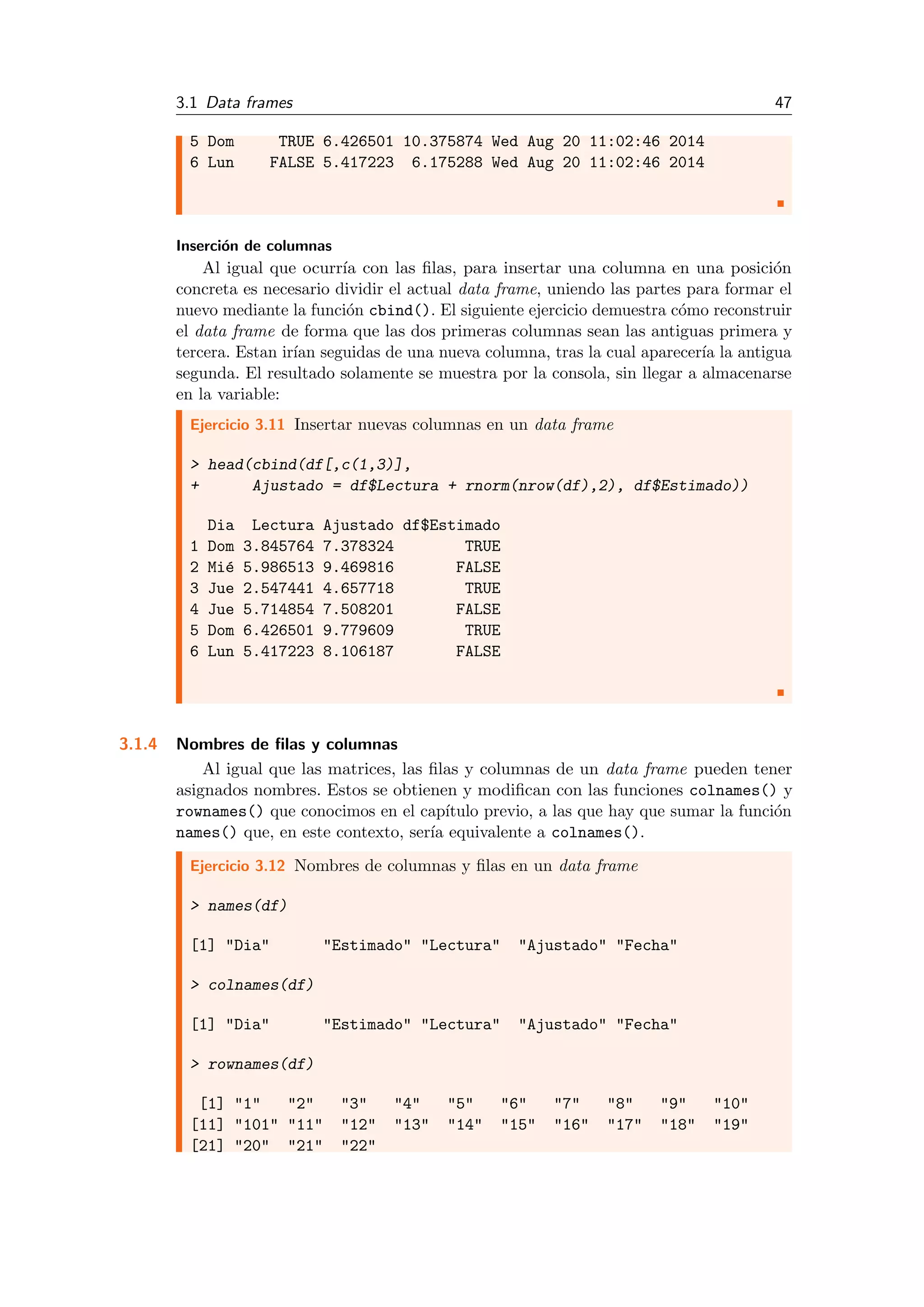 3.1 Data frames 47
5 Dom TRUE 6.426501 10.375874 Wed Aug 20 11:02:46 2014
6 Lun FALSE 5.417223 6.175288 Wed Aug 20 11:02:46 2014
Inserci´on de columnas
Al igual que ocurr´ıa con las ﬁlas, para insertar una columna en una posici´on
concreta es necesario dividir el actual data frame, uniendo las partes para formar el
nuevo mediante la funci´on cbind(). El siguiente ejercicio demuestra c´omo reconstruir
el data frame de forma que las dos primeras columnas sean las antiguas primera y
tercera. Estan ir´ıan seguidas de una nueva columna, tras la cual aparecer´ıa la antigua
segunda. El resultado solamente se muestra por la consola, sin llegar a almacenarse
en la variable:
Ejercicio 3.11 Insertar nuevas columnas en un data frame
> head(cbind(df[,c(1,3)],
+ Ajustado = df$Lectura + rnorm(nrow(df),2), df$Estimado))
Dia Lectura Ajustado df$Estimado
1 Dom 3.845764 7.378324 TRUE
2 Mi´e 5.986513 9.469816 FALSE
3 Jue 2.547441 4.657718 TRUE
4 Jue 5.714854 7.508201 FALSE
5 Dom 6.426501 9.779609 TRUE
6 Lun 5.417223 8.106187 FALSE
3.1.4 Nombres de ﬁlas y columnas
Al igual que las matrices, las ﬁlas y columnas de un data frame pueden tener
asignados nombres. Estos se obtienen y modiﬁcan con las funciones colnames() y
rownames() que conocimos en el cap´ıtulo previo, a las que hay que sumar la funci´on
names() que, en este contexto, ser´ıa equivalente a colnames().
Ejercicio 3.12 Nombres de columnas y ﬁlas en un data frame
> names(df)
[1] "Dia" "Estimado" "Lectura" "Ajustado" "Fecha"
> colnames(df)
[1] "Dia" "Estimado" "Lectura" "Ajustado" "Fecha"
> rownames(df)
[1] "1" "2" "3" "4" "5" "6" "7" "8" "9" "10"
[11] "101" "11" "12" "13" "14" "15" "16" "17" "18" "19"
[21] "20" "21" "22"
 
