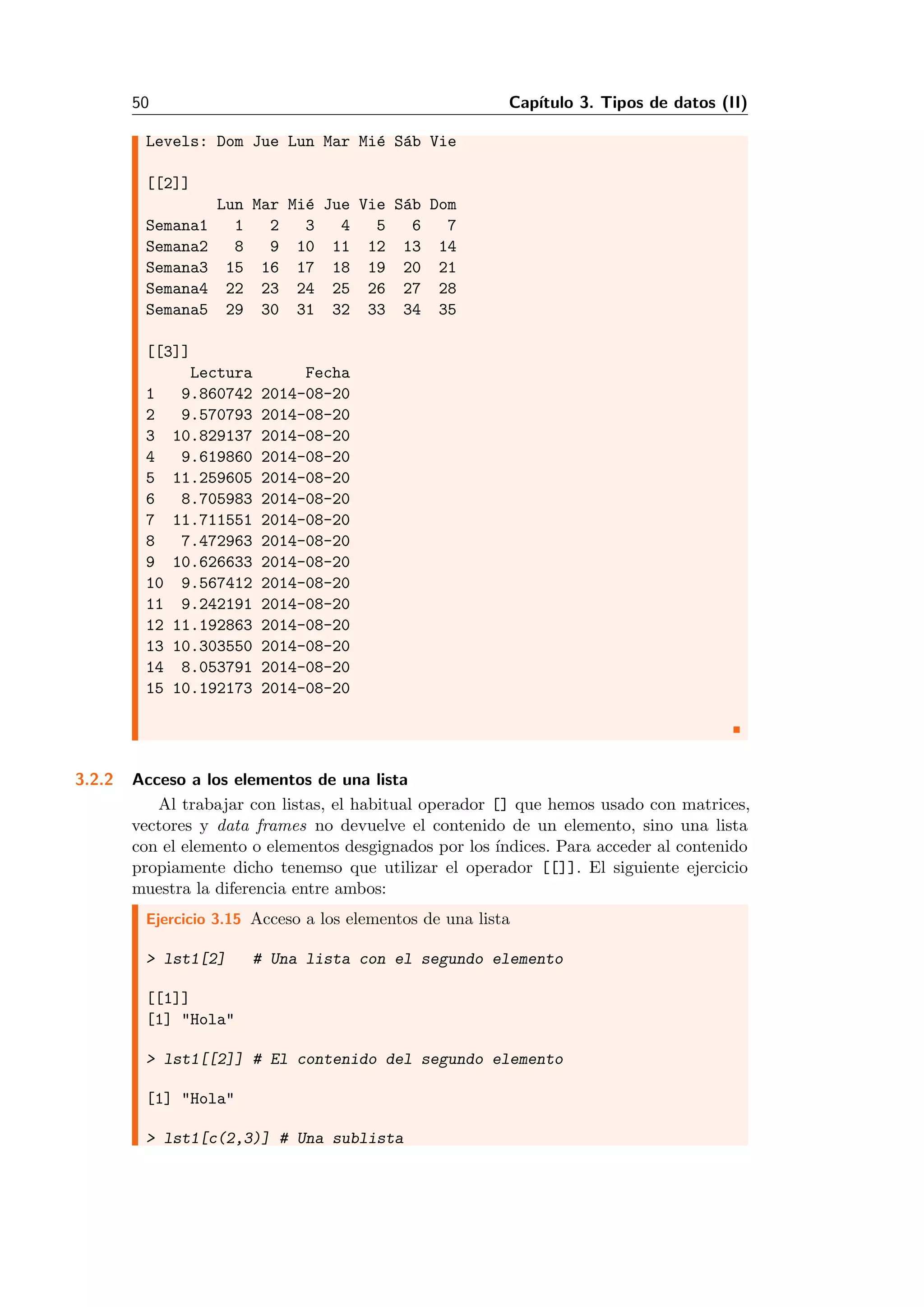 50 Cap´ıtulo 3. Tipos de datos (II)
Levels: Dom Jue Lun Mar Mi´e S´ab Vie
[[2]]
Lun Mar Mi´e Jue Vie S´ab Dom
Semana1 1 2 3 4 5 6 7
Semana2 8 9 10 11 12 13 14
Semana3 15 16 17 18 19 20 21
Semana4 22 23 24 25 26 27 28
Semana5 29 30 31 32 33 34 35
[[3]]
Lectura Fecha
1 9.860742 2014-08-20
2 9.570793 2014-08-20
3 10.829137 2014-08-20
4 9.619860 2014-08-20
5 11.259605 2014-08-20
6 8.705983 2014-08-20
7 11.711551 2014-08-20
8 7.472963 2014-08-20
9 10.626633 2014-08-20
10 9.567412 2014-08-20
11 9.242191 2014-08-20
12 11.192863 2014-08-20
13 10.303550 2014-08-20
14 8.053791 2014-08-20
15 10.192173 2014-08-20
3.2.2 Acceso a los elementos de una lista
Al trabajar con listas, el habitual operador [] que hemos usado con matrices,
vectores y data frames no devuelve el contenido de un elemento, sino una lista
con el elemento o elementos desgignados por los ´ındices. Para acceder al contenido
propiamente dicho tenemso que utilizar el operador [[]]. El siguiente ejercicio
muestra la diferencia entre ambos:
Ejercicio 3.15 Acceso a los elementos de una lista
> lst1[2] # Una lista con el segundo elemento
[[1]]
[1] "Hola"
> lst1[[2]] # El contenido del segundo elemento
[1] "Hola"
> lst1[c(2,3)] # Una sublista
 