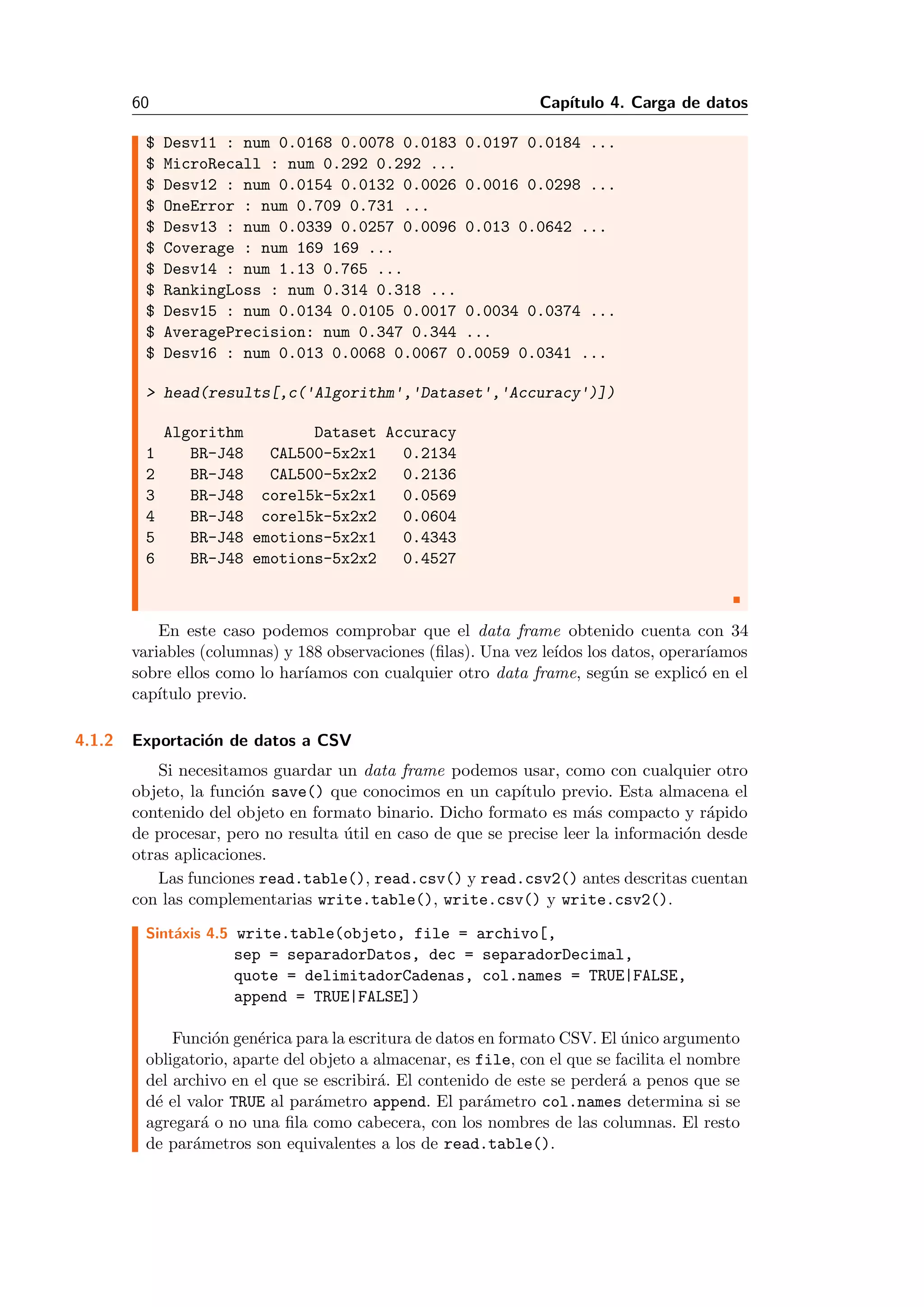 60 Cap´ıtulo 4. Carga de datos
$ Desv11 : num 0.0168 0.0078 0.0183 0.0197 0.0184 ...
$ MicroRecall : num 0.292 0.292 ...
$ Desv12 : num 0.0154 0.0132 0.0026 0.0016 0.0298 ...
$ OneError : num 0.709 0.731 ...
$ Desv13 : num 0.0339 0.0257 0.0096 0.013 0.0642 ...
$ Coverage : num 169 169 ...
$ Desv14 : num 1.13 0.765 ...
$ RankingLoss : num 0.314 0.318 ...
$ Desv15 : num 0.0134 0.0105 0.0017 0.0034 0.0374 ...
$ AveragePrecision: num 0.347 0.344 ...
$ Desv16 : num 0.013 0.0068 0.0067 0.0059 0.0341 ...
> head(results[,c('Algorithm','Dataset','Accuracy')])
Algorithm Dataset Accuracy
1 BR-J48 CAL500-5x2x1 0.2134
2 BR-J48 CAL500-5x2x2 0.2136
3 BR-J48 corel5k-5x2x1 0.0569
4 BR-J48 corel5k-5x2x2 0.0604
5 BR-J48 emotions-5x2x1 0.4343
6 BR-J48 emotions-5x2x2 0.4527
En este caso podemos comprobar que el data frame obtenido cuenta con 34
variables (columnas) y 188 observaciones (ﬁlas). Una vez le´ıdos los datos, operar´ıamos
sobre ellos como lo har´ıamos con cualquier otro data frame, seg´un se explic´o en el
cap´ıtulo previo.
4.1.2 Exportaci´on de datos a CSV
Si necesitamos guardar un data frame podemos usar, como con cualquier otro
objeto, la funci´on save() que conocimos en un cap´ıtulo previo. Esta almacena el
contenido del objeto en formato binario. Dicho formato es m´as compacto y r´apido
de procesar, pero no resulta ´util en caso de que se precise leer la informaci´on desde
otras aplicaciones.
Las funciones read.table(), read.csv() y read.csv2() antes descritas cuentan
con las complementarias write.table(), write.csv() y write.csv2().
Sint´axis 4.5 write.table(objeto, file = archivo[,
sep = separadorDatos, dec = separadorDecimal,
quote = delimitadorCadenas, col.names = TRUE|FALSE,
append = TRUE|FALSE])
Funci´on gen´erica para la escritura de datos en formato CSV. El ´unico argumento
obligatorio, aparte del objeto a almacenar, es file, con el que se facilita el nombre
del archivo en el que se escribir´a. El contenido de este se perder´a a penos que se
d´e el valor TRUE al par´ametro append. El par´ametro col.names determina si se
agregar´a o no una ﬁla como cabecera, con los nombres de las columnas. El resto
de par´ametros son equivalentes a los de read.table().
 