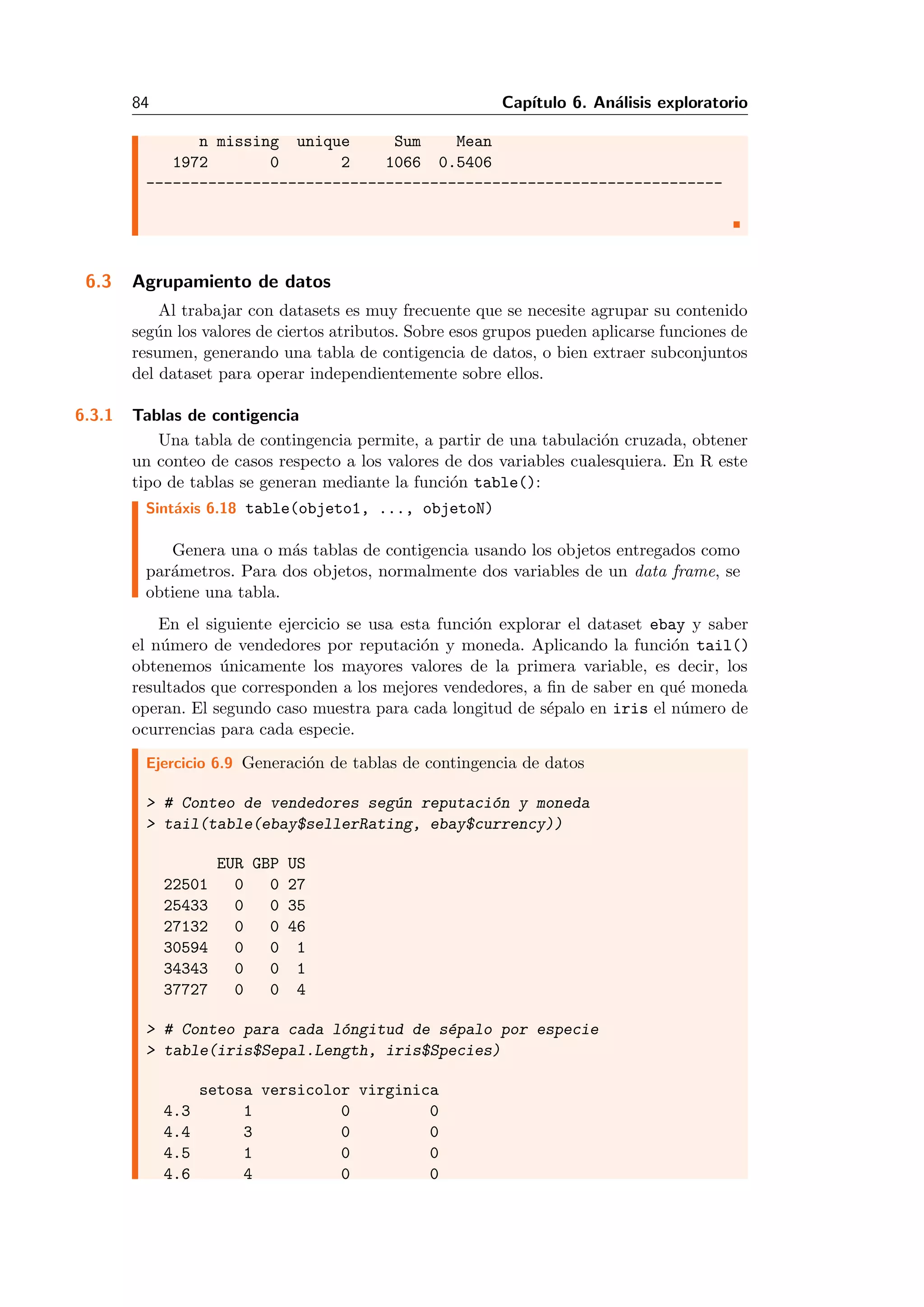84 Cap´ıtulo 6. An´alisis exploratorio
n missing unique Sum Mean
1972 0 2 1066 0.5406
-----------------------------------------------------------------
6.3 Agrupamiento de datos
Al trabajar con datasets es muy frecuente que se necesite agrupar su contenido
seg´un los valores de ciertos atributos. Sobre esos grupos pueden aplicarse funciones de
resumen, generando una tabla de contigencia de datos, o bien extraer subconjuntos
del dataset para operar independientemente sobre ellos.
6.3.1 Tablas de contigencia
Una tabla de contingencia permite, a partir de una tabulaci´on cruzada, obtener
un conteo de casos respecto a los valores de dos variables cualesquiera. En R este
tipo de tablas se generan mediante la funci´on table():
Sint´axis 6.18 table(objeto1, ..., objetoN)
Genera una o m´as tablas de contigencia usando los objetos entregados como
par´ametros. Para dos objetos, normalmente dos variables de un data frame, se
obtiene una tabla.
En el siguiente ejercicio se usa esta funci´on explorar el dataset ebay y saber
el n´umero de vendedores por reputaci´on y moneda. Aplicando la funci´on tail()
obtenemos ´unicamente los mayores valores de la primera variable, es decir, los
resultados que corresponden a los mejores vendedores, a ﬁn de saber en qu´e moneda
operan. El segundo caso muestra para cada longitud de s´epalo en iris el n´umero de
ocurrencias para cada especie.
Ejercicio 6.9 Generaci´on de tablas de contingencia de datos
> # Conteo de vendedores seg´un reputaci´on y moneda
> tail(table(ebay$sellerRating, ebay$currency))
EUR GBP US
22501 0 0 27
25433 0 0 35
27132 0 0 46
30594 0 0 1
34343 0 0 1
37727 0 0 4
> # Conteo para cada l´ongitud de s´epalo por especie
> table(iris$Sepal.Length, iris$Species)
setosa versicolor virginica
4.3 1 0 0
4.4 3 0 0
4.5 1 0 0
4.6 4 0 0
 