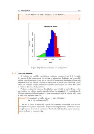 7.2 Histogramas 111
+ main='Elevaci´on del terreno', xlab='Metros')
Elevación del terreno
Metros
Frequency
2000 2500 3000 3500
020000400006000080000
Figura 7.12: Personalizaci´on del histograma
7.2.3 Curva de densidad
Al trabajar con variables cuantitativas continuas, como es el caso de la elevaci´on
del terreno de las muestras en covertype, el n´umero de divisiones que es posible
realizar en el histograma es, en teor´ıa, inﬁnito. Cuantas m´as divisiones se haga m´as
estrechas ser´an las barras, llegando a convertirse en l´ıneas que solamente tienen
altura, no anchura, y cuyos extremos son puntos que dibujan una curva. Esta seria
la curva de densidad de la variable.
Podemos estimar la curva de densidad de una variable a partir de un vector
que contiene sus valores, usando para ello la funci´on density(). El resultado puede
dibujarse mediante la funci´on plot(), como una especial nube de puntos, tal y como
se hace en el siguiente ejercicio.
Sint´axis 7.10 density(vector[, adjust = multiplicador,
bw = factorSuavizado])
Estima la curva de densidad a partir de los valores contenidos en el vector
entregado como primer argumento. El par´ametro adjust es un multiplicador que
se aplica sobre el factor de suavizado o bandwidth. Este tambi´en puede personali-
zarse mediante el par´ametro bw.
 