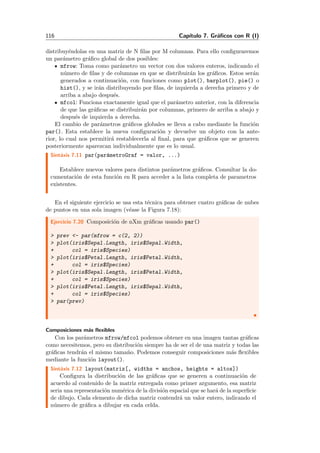 116 Cap´ıtulo 7. Gr´aﬁcos con R (I)
distribuy´endolas en una matriz de N ﬁlas por M columnas. Para ello conﬁguraremos
un par´ametro gr´aﬁco global de dos posibles:
mfrow: Toma como par´ametro un vector con dos valores enteros, indicando el
n´umero de ﬁlas y de columnas en que se distribuir´an los gr´aﬁcos. Estos ser´an
generados a continuaci´on, con funciones como plot(), barplot(), pie() o
hist(), y se ir´an distribuyendo por ﬁlas, de izquierda a derecha primero y de
arriba a abajo despu´es.
mfcol: Funciona exactamente igual que el par´ametro anterior, con la diferencia
de que las gr´aﬁcas se distribuir´an por columnas, primero de arriba a abajo y
despu´es de izquierda a derecha.
El cambio de par´ametros gr´aﬁcos globales se lleva a cabo mediante la funci´on
par(). Esta establece la nueva conﬁguraci´on y devuelve un objeto con la ante-
rior, lo cual nos permitir´a restablecerla al ﬁnal, para que gr´aﬁcos que se generen
posteriormente aparezcan individualmente que es lo usual.
Sint´axis 7.11 par(par´ametroGraf = valor, ...)
Establece nuevos valores para distintos par´ametros gr´aﬁcos. Consultar la do-
cumentaci´on de esta funci´on en R para acceder a la lista completa de parametros
existentes.
En el siguiente ejercicio se usa esta t´ecnica para obtener cuatro gr´aﬁcas de nubes
de puntos en una sola imagen (v´ease la Figura 7.18):
Ejercicio 7.20 Composici´on de nXm gr´aﬁcas usando par()
> prev <- par(mfrow = c(2, 2))
> plot(iris$Sepal.Length, iris$Sepal.Width,
+ col = iris$Species)
> plot(iris$Petal.Length, iris$Petal.Width,
+ col = iris$Species)
> plot(iris$Sepal.Length, iris$Petal.Width,
+ col = iris$Species)
> plot(iris$Petal.Length, iris$Sepal.Width,
+ col = iris$Species)
> par(prev)
Composiciones m´as ﬂexibles
Con los par´ametros mfrow/mfcol podemos obtener en una imagen tantas gr´aﬁcas
como necesitemos, pero su distribuci´on siempre ha de ser el de una matriz y todas las
gr´aﬁcas tendr´an el mismo tama˜no. Podemos conseguir composiciones m´as ﬂexibles
mediante la funci´on layout().
Sint´axis 7.12 layout(matriz[, widths = anchos, heights = altos])
Conﬁgura la distribuci´on de las gr´aﬁcas que se generen a continuaci´on de
acuerdo al contenido de la matriz entregada como primer argumento, esa matriz
seria una representaci´on num´erica de la divisi´on espacial que se har´a de la superﬁcie
de dibujo. Cada elemento de dicha matriz contendr´a un valor entero, indicando el
n´umero de gr´aﬁca a dibujar en cada celda.
 