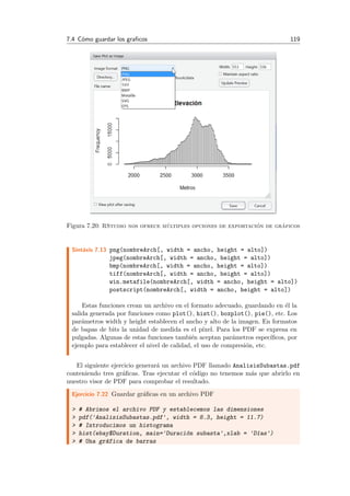 7.4 C´omo guardar los graﬁcos 119
Figura 7.20: RStudio nos ofrece m´ultiples opciones de exportaci´on de gr´aficos
Sint´axis 7.13 png(nombreArch[, width = ancho, height = alto])
jpeg(nombreArch[, width = ancho, height = alto])
bmp(nombreArch[, width = ancho, height = alto])
tiff(nombreArch[, width = ancho, height = alto])
win.metafile(nombreArch[, width = ancho, height = alto])
postscript(nombreArch[, width = ancho, height = alto])
Estas funciones crean un archivo en el formato adecuado, guardando en ´el la
salida generada por funciones como plot(), hist(), boxplot(), pie(), etc. Los
par´ametros width y height establecen el ancho y alto de la imagen. En formatos
de bapas de bits la unidad de medida es el p´ıxel. Para los PDF se expresa en
pulgadas. Algunas de estas funciones tambi´en aceptan par´ametros espec´ıﬁcos, por
ejemplo para establecer el nivel de calidad, el uso de compresi´on, etc.
El siguiente ejercicio generar´a un archivo PDF llamado AnalisisSubastas.pdf
conteniendo tres gr´aﬁcas. Tras ejecutar el c´odigo no tenemos m´as que abrirlo en
nuestro visor de PDF para comprobar el resultado.
Ejercicio 7.22 Guardar gr´aﬁcas en un archivo PDF
> # Abrimos el archivo PDF y establecemos las dimensiones
> pdf('AnalisisSubastas.pdf', width = 8.3, height = 11.7)
> # Introducimos un histograma
> hist(ebay$Duration, main='Duraci´on subasta',xlab = 'D´ıas')
> # Una gr´afica de barras
 