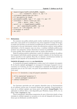 120 Cap´ıtulo 7. Gr´aﬁcos con R (I)
> barplot(sapply(endPricePerDay$EUR, length),
+ col = rainbow(7), horiz = T, las = 1)
> title(main='Operaciones por d´ıa')
> # Y una gr´afica de l´ıneas
> plot(meanPricesEUR, type = "o", axes = F, ann = F)
> title(main = 'Precio cierre por d´ıa',
+ ylab = 'Euros', xlab = 'D´ıa')
> axis(1, at = 1:length(meanPricesEUR),
+ lab = names(meanPricesEUR), las = 2)
> axis(2, at = 3*0:rango[2], las = 1)
> # Cerramos el archivo
> dev.off()
7.4.1 Animaciones
En ocasiones una gr´aﬁca aislada puede resultar insuﬁciente para transmitir una
cierta idea, como puede ser la evoluci´on de una cierta magnitud a lo largo del tiempo,
el cambio que introduce en una funci´on la modiﬁcaci´on de ciertos par´ametros, etc. Son
situaciones en las que b´asicamente existen dos alternativas: generar varias gr´aﬁcas
individuales, a ﬁn de comparar unas con otras, o combinar m´ultiples gr´aﬁcas para
producir una animaci´on, incluso ofreciendo al usuario la posibilidad de controlarla
en cierta medida. Esta segunda opci´on suele ser mucho m´as efectiva.
Desde R podemos generar animaciones a partir de cualquier secuencia de gr´aﬁcas.
Las im´agenes individuales puedes prepararse usando cualquiera de las funciones que
hemos conocido en este cap´ıtulo. Para ello, no obstante, necesitaremos instalar un
paquete R que depende de la instalaci´on de un software externo.
Instalaci´on del paquete animation y sus dependencias
La instalaci´on del paquete animation se realiza como la de cualquier otro paquete
R. La funci´on install.packages() se encargar´a de descargar el paquete si no se
encuentra en el sistema, asi como de conﬁgurarlo e instalarlo de forma que quede
preparado para su uso. Por tanto, esta parte del procedimiento ser´a id´entica a la de
otros casos:
Ejercicio 7.23 Instalaci´on y carga del paquete animation
> if(!is.installed('animation'))
+ install.packages('animation')
> library('animation')
Las funciones aportadas por este paquete dependen para su funcionamiento
de un software externo que es necesario instalar por separado. Concretamente se
trata de la utilidad convert que forma parte del software ImageMagick. Esta
aplicaci´on es software libre y est´a disponible para Windows, Linux, OS X, etc. en
http://www.imagemagick.org.
Tras la instalaci´on, deber´ıamos asegurarnos de que el directorio donde se haya
instalado la utilidad convert se encuentra en la ruta de b´usqueda del sistema, de
forma que sea f´acilmente accesible desde R.
 
