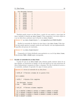 3.1 Data frames 41
Dia Estimado Lectura
1 0 FALSE 0
2 0 FALSE 0
3 0 FALSE 0
4 0 FALSE 0
5 0 FALSE 0
6 0 FALSE 0
7 0 FALSE 0
8 0 FALSE 0
9 0 FALSE 0
10 0 FALSE 0
Tambi´en puede crearse un data frame a partir de una matriz y otros tipos de
datos, mediante la funci´on as.data.frame(). Para comprobar si un cierto objeto es
o no un data frame podemos usar la funci´on is.data.frame().
Sint´axis 3.2 as.data.frame(objeto [, stringsAsFactors=TRUE|FALSE])
Facilita la conversi´on de objetos de otros tipos a tipo data.frame. Cada tipo
de dato puede aportar su propia versi´on de esta funci´on, con una implementaci´on
espec´ıﬁca del proceso de conversi´on.
Sint´axis 3.3 is.data.frame(objeto)
Comprueba si el objeto facilitado como par´ametro es o no de tipo data.frame,
devolviendo TRUE o FALSE seg´un corresponda.
3.1.2 Acceder al contenido de un data frame
A pesar de que en un data.frame cada columna puede contener datos de un
tipo distinto, su estructura es similar a la de una matriz al ser una estructura de
datos bidimensional, compuesta de ﬁlas y columnas. Por ello el m´etodo de acceso a
su contenido, mediante el operador [], sigue el mismo patr´on:
Ejercicio 3.3 Acceso al contenido de un data frame
> df[5,3] # Tercera columna de la quinta fila
[1] 6.426501
> df[5,] # Quinta fila completa
Dia Estimado Lectura
5 Dom TRUE 6.426501
> df[,3] # Tercera columna completa
[1] 3.845764 5.986513 2.547441 5.714854 6.426501 5.417223
[7] 6.952092 3.963256 5.608792 4.580951 5.793826 4.644867
[13] 4.846451 6.433905 4.745405 6.325569 5.618622 4.464703
[19] 6.854527 4.002581
 