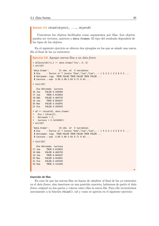 3.1 Data frames 45
Sint´axis 3.4 rbind(objeto1, ..., objetoN)
Concatena los objetos facilitados como argumentos por ﬁlas. Los objetos
pueden ser vectores, matrices o data.frames. El tipo del resultado depender´a de
los tipos de los objetos.
En el siguiente ejercicio se ofrecen dos ejemplos en los que se a˜nade una nueva
ﬁla al ﬁnal de las ya existentes:
Ejercicio 3.8 Agregar nuevas ﬁlas a un data frame
> df[nrow(df)+1,] <- data.frame('Vie', F, 5)
> str(df)
'data.frame': 21 obs. of 3 variables:
$ Dia : Factor w/ 7 levels "Dom","Jue","Lun",..: 1 5 2 2 1 3 2 6 5 5 ...
$ Estimado: logi TRUE FALSE TRUE FALSE TRUE FALSE ...
$ Lectura : num 3.85 5.99 2.55 5.71 6.43 ...
> tail(df)
Dia Estimado Lectura
16 Jue FALSE 6.325569
17 Jue TRUE 5.618622
18 S´ab FALSE 4.464703
19 Jue TRUE 6.854527
20 Mar FALSE 4.002581
21 Vie FALSE 5.000000
> df <- rbind(df, data.frame(
+ Dia = fdias[1],
+ Estimado = T,
+ Lectura = 3.1415926))
> str(df)
'data.frame': 22 obs. of 3 variables:
$ Dia : Factor w/ 7 levels "Dom","Jue","Lun",..: 1 5 2 2 1 3 2 6 5 5 ...
$ Estimado: logi TRUE FALSE TRUE FALSE TRUE FALSE ...
$ Lectura : num 3.85 5.99 2.55 5.71 6.43 ...
> tail(df)
Dia Estimado Lectura
17 Jue TRUE 5.618622
18 S´ab FALSE 4.464703
19 Jue TRUE 6.854527
20 Mar FALSE 4.002581
21 Vie FALSE 5.000000
22 Dom TRUE 3.141593
Inserci´on de ﬁlas
En caso de que las nuevas ﬁlas no hayan de a˜nadirse al ﬁnal de las ya existentes
en el data frame, sino insertarse en una posici´on concreta, habremos de partir el data
frame original en dos partes y colocar entre ellas la nueva ﬁla. Para ello recurriremos
nuevamente a la funci´on rbind(), tal y como se aprecia en el siguiente ejercicio:
 