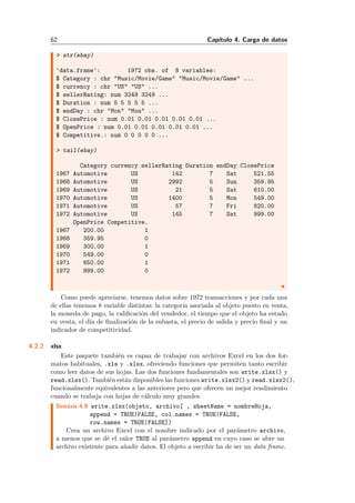 62 Cap´ıtulo 4. Carga de datos
> str(ebay)
'data.frame': 1972 obs. of 8 variables:
$ Category : chr "Music/Movie/Game" "Music/Movie/Game" ...
$ currency : chr "US" "US" ...
$ sellerRating: num 3249 3249 ...
$ Duration : num 5 5 5 5 5 ...
$ endDay : chr "Mon" "Mon" ...
$ ClosePrice : num 0.01 0.01 0.01 0.01 0.01 ...
$ OpenPrice : num 0.01 0.01 0.01 0.01 0.01 ...
$ Competitive.: num 0 0 0 0 0 ...
> tail(ebay)
Category currency sellerRating Duration endDay ClosePrice
1967 Automotive US 142 7 Sat 521.55
1968 Automotive US 2992 5 Sun 359.95
1969 Automotive US 21 5 Sat 610.00
1970 Automotive US 1400 5 Mon 549.00
1971 Automotive US 57 7 Fri 820.00
1972 Automotive US 145 7 Sat 999.00
OpenPrice Competitive.
1967 200.00 1
1968 359.95 0
1969 300.00 1
1970 549.00 0
1971 650.00 1
1972 999.00 0
Como puede apreciarse, tenemos datos sobre 1972 transacciones y por cada una
de ellas tenemos 8 variable distintas: la categor´ıa asociada al objeto puesto en venta,
la moneda de pago, la caliﬁcaci´on del vendedor, el tiempo que el objeto ha estado
en venta, el d´ıa de ﬁnalizaci´on de la subasta, el precio de salida y precio ﬁnal y un
indicador de competitividad.
4.2.2 xlsx
Este paquete tambi´en es capaz de trabajar con archivos Excel en los dos for-
matos habituales, .xls y .xlsx, ofreciendo funciones que permiten tanto escribir
como leer datos de sus hojas. Las dos funciones fundamentales son write.xlsx() y
read.xlsx(). Tambi´en est´an disponibles las funciones write.xlsx2() y read.xlsx2(),
funcionalmente equivalentes a las anteriores pero que ofrecen un mejor rendimiento
cuando se trabaja con hojas de c´alculo muy grandes.
Sint´axis 4.9 write.xlsx(objeto, archivo[ , sheetName = nombreHoja,
append = TRUE|FALSE, col.names = TRUE|FALSE,
row.names = TRUE|FALSE])
Crea un archivo Excel con el nombre indicado por el par´ametro archivo,
a menos que se d´e el valor TRUE al par´ametro append en cuyo caso se abre un
archivo existente para a˜nadir datos. El objeto a escribir ha de ser un data frame.
 