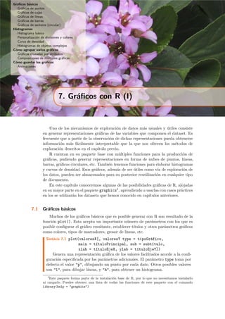 Gr´aﬁcos b´asicos
Gr´aﬁcas de puntos
Gr´aﬁcas de cajas
Gr´aﬁcas de l´ıneas
Gr´aﬁcas de barras
Gr´aﬁcas de sectores (circular)
Histogramas
Histograma b´asico
Personalizaci´on de divisiones y colores
Curva de densidad
Histogramas de objetos complejos
C´omo agrupar varios gr´aﬁcos
Gr´aﬁcas cruzadas por atributos
Composiciones de m´ultiples gr´aﬁcas
C´omo guardar los graﬁcos
Animaciones
7. Gr´aﬁcos con R (I)
Uno de los mecanismos de exploraci´on de datos m´as usuales y ´utiles consiste
en generar representaciones gr´aﬁcas de las variables que componen el dataset. Es
frecuente que a partir de la observaci´on de dichas representaciones pueda obtenerse
informaci´on m´as f´acilmente interpretable que la que nos ofrecen los m´etodos de
exploraci´on descritos en el cap´ıtulo previo.
R cuentan en su paquete base con m´ultiples funciones para la producci´on de
gr´aﬁcas, pudiendo generar representaciones en forma de nubes de puntos, l´ıneas,
barras, gr´aﬁcos circulares, etc. Tambi´en tenemos funciones para elaborar histogramas
y curvas de densidad. Esos gr´aﬁcos, adem´as de ser ´utiles como v´ıa de exploraci´on de
los datos, pueden ser almacenados para su posterior reutilizaci´on en cualquier tipo
de documento.
En este cap´ıtulo conoceremos algunas de las posibilidades gr´aﬁcas de R, alojadas
en su mayor parte en el paquete graphics1, aprendiendo a usarlas con casos pr´acticos
en los se utilizar´an los datasets que hemos conocido en cap´ıtulos anteriores.
7.1 Gr´aﬁcos b´asicos
Muchos de los gr´aﬁcos b´asicos que es posible generar con R son resultado de la
funci´on plot(). Esta acepta un importante n´umero de par´ametros con los que es
posible conﬁgurar el gr´aﬁco resultante, establecer t´ıtulos y otros par´ametros gr´aﬁcos
como colores, tipos de marcadores, grosor de l´ıneas, etc.
Sint´axis 7.1 plot(valoresX[, valoresY type = tipoGr´afico,
main = t´ıtuloPrincipal, sub = subt´ıtulo,
xlab = t´ıtuloEjeX, ylab = t´ıtuloEjeY])
Genera una representaci´on gr´aﬁca de los valores facilitados acorde a la conﬁ-
guraci´on especiﬁcada por los par´ametros adicionales. El par´ametro type toma por
defecto el valor "p", dibujando un punto por cada dato. Otros posibles valores
son "l", para dibujar l´ıneas, y "h", para obtener un histograma.
1Este paquete forma parte de la instalaci´on base de R, por lo que no necesitamos instalarlo
ni cargarlo. Puedes obtener una lista de todas las funciones de este paquete con el comando
library(help = "graphics")
 