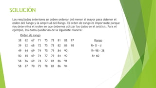 SOLUCIÓN
Los resultados anteriores se deben ordenar del menor al mayor para obtener el
orden del Rango y la amplitud del Rango. El orden de rango es importante porque
nos determina el orden en que debemos utilizar los datos en el análisis. Para el
ejemplo, los datos quedarían de la siguiente manera:
Orden de rango
38 62 67 71 75 78 81 88 97 Rango
39 62 68 72 75 78 82 89 98 R= D - d
49 64 69 74 75 79 84 90 R= 98 - 38
50 65 69 74 77 79 84 90 R= 60
58 66 69 74 77 81 86 91
58 67 70 75 78 81 86 94
 