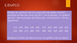 EJEMPLO
El peso en gramos de una parvada de gallos criados
durante el mes de Junio de 2011, en la granja “La gallina
de oro” del municipio de Zitácuaro, Michoacán; son los
siguientes:
610 690 580 640 630 670 600 690 660 660
620 580 610 680 650 680 600 630 600 680
Realizar la tabla de frecuencia y la gráfica de los datos
 