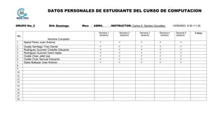 DATOS PERSONALES DE ESTUDIANTE DEL CURSO DE COMPUTACION
GRUPO No: 3 DIA: Domingo Mes: ___ABRIL______INSTRUCTOR: Carlos A. Santizo González. HORARIO: 9:30 /11:30
No.
Nombre Completo
Semana 1
02/04/23
Semana 2
09/04/23
Semana 3
16/04/23
Semana 4
23/0423
Semana 5
3/004/23
Faltas
1 Ajanel Perez Juan Antonio     
2 Gualip Santiago Tirso Daniel     
3 Rodriguez Guzman Cristofer Estuardo     
4 Rodriguez Guzman Deimi Idalia     
5 Ovalle Chan Jafet Isai     
6 Ovalle Chan Samuel Estuardo     
7 Sales Baltazar Jose Antonio .     
8
9
10
11
12
13
14
15
16
17
18
 