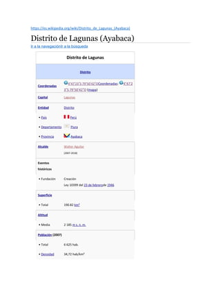 https://es.wikipedia.org/wiki/Distrito_de_Lagunas_(Ayabaca)
Distrito de Lagunas (Ayabaca)
Ir a la navegaciónIr a la búsqueda
Distrito de Lagunas
Distrito
Coordenadas
4°47 23 S′ ″ 79°50 42 O′ ″ Coordenadas: 4°47 2′
3 S″ 79°50 42 O′ ″ (mapa)
Capital Lagunas
Entidad Distrito
• País Perú
• Departamento Piura
• Provincia Ayabaca
Alcalde Walter Aguilar
(2007-2018)
Eventos
históricos
• Fundación Creación
Ley 10399 del 23 de febrerode 1946
Superficie
• Total 190.82 km²
Altitud
• Media 2 185 m s. n. m.
Población (2007)
• Total 6 625 hab.
• Densidad 34,72 hab/km²
 