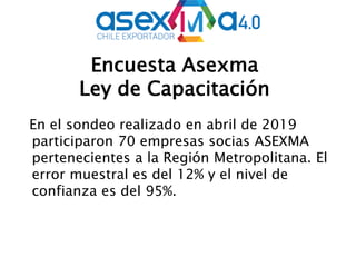 Encuesta Asexma
Ley de Capacitación
En el sondeo realizado en abril de 2019
participaron 70 empresas socias ASEXMA
pertenecientes a la Región Metropolitana. El
error muestral es del 12% y el nivel de
confianza es del 95%.
 