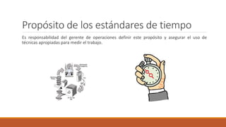 Propósito de los estándares de tiempo
Es responsabilidad del gerente de operaciones definir este propósito y asegurar el uso de
técnicas apropiadas para medir el trabajo.
 