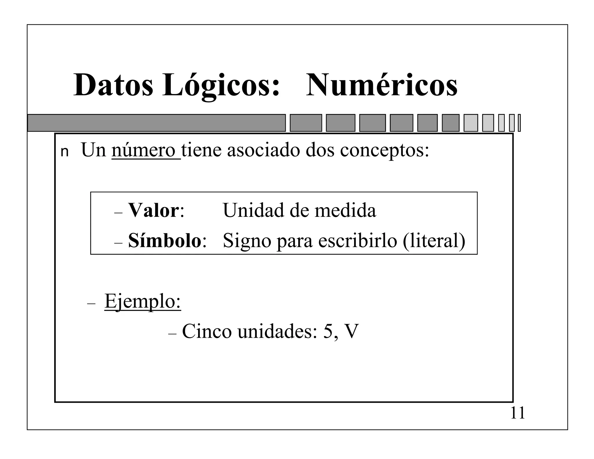 Datos Lógicos: Numéricos
n   Un número tiene asociado dos conceptos:

         – Valor:   Unidad de medida
         – Símbolo: Signo para escribirlo (literal)


    –   Ejemplo:
               –   Cinco unidades: 5, V


                                                      11
 