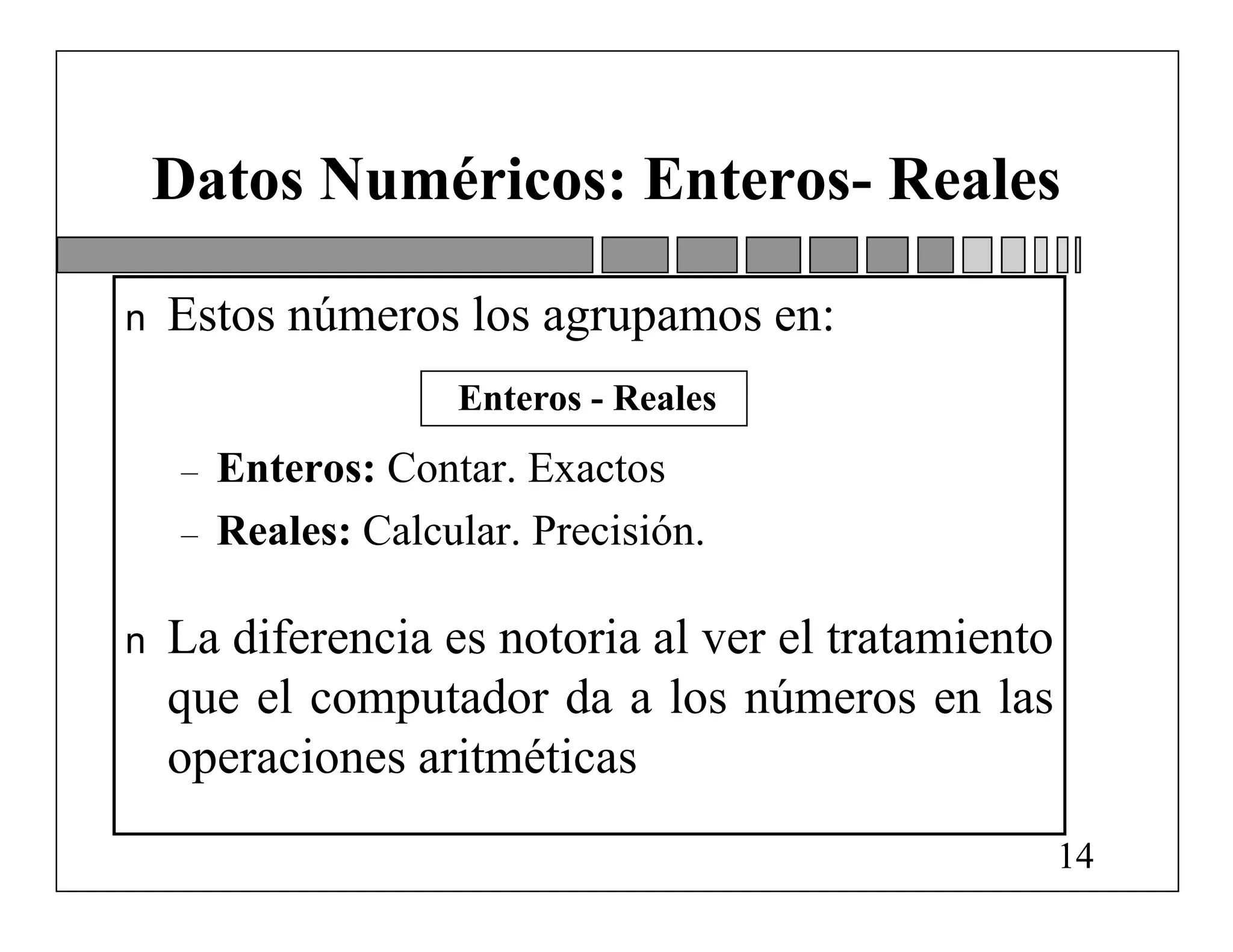 Datos Numéricos: Enteros- Reales

n   Estos números los agrupamos en:
                      Enteros - Reales
     –   Enteros: Contar. Exactos
     –   Reales: Calcular. Precisión.

n   La diferencia es notoria al ver el tratamiento
    que el computador da a los números en las
    operaciones aritméticas
                                                     14
 