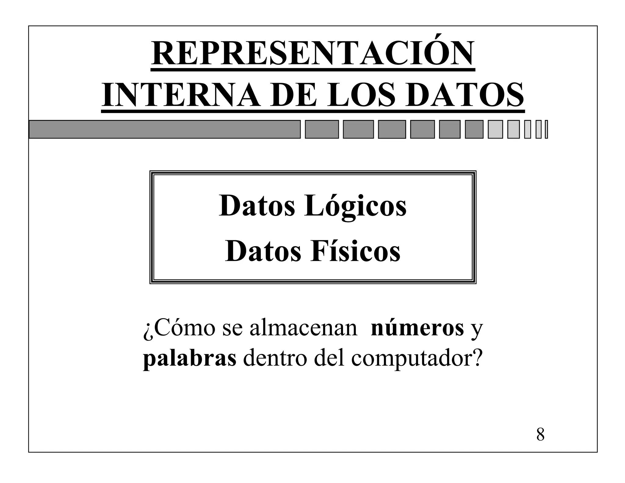 REPRESENTACIÓN
INTERNA DE LOS DATOS


       Datos Lógicos
       Datos Físicos

 ¿Cómo se almacenan números y
 palabras dentro del computador?

                                   8
 