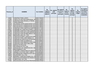 No                 No registra
                                                               No                    No registra   No
                                                                        No. registra                       registra      No.    indicadores
                                                             registra                provincia, registra
Persona_id               NOMBRE               No. ID (RUC)                 calle                           número      registra de ventas,
                                                             apellido                 cantón y   primer
                                                                         principal                         de calle     origen activos y/o
                                                             paterno                 parroquia nombre
                                                                                                           principal             empleados

 134852      CONSTRUCTORA LLORI R            2290317064001                                         X
 212884      COMITE DE GESTION PARROQUIAL TIPUTINI
                                             2290317102001                                         X
 148037      CONSTRUCTORA ARGÜELLO FREIRE 2290317250001                                            X
 196261      TRANCONSERSA                    2290317560001                                         X
 189239      VELASQUEZ DAVES &ASOCIADOS CIA.LTDA
                                             2290317668001                                         X
 188376      ASOCIACION DE CONSERVACION VIAL EL ARBOLITO
                                             2290317684001                                         X
 188161      ASOCIACION DE CONSERVACION VIAL SAMARA
                                             2290317692001                                         X
 189510      CONSTRUCTORA FUERTES & FUERTES CIA. LTDA
                                             2290317714001                                         X
 206607      COMPAÑIA DE CONSTRUCCIONES Y COMERCIO COMPLUS CIA. LTDA.
                                             2290317919001                                         X
 210096      COMPAÑIA CONSTRUCTORA QUINASERVIS S.A
                                             2290317951001                                         X
 236078      CONSTRUCTORA BALCAZAR MERIZALDE S.A
                                             2290318125001                                         X
 244769      CONSTRUCTORA AB ABAD BRAVO CIA. 2290318133001
                                              LTDA.                                                X
 228853      MADEORELLANA CIA. LTDA.         2290318184001                                         X
 230730      CONSTRUCCIONES Y SERVICIOS AHANGASUYUNO CIA LTDA
                                             2290318222001                                         X
 245116      CONSTRUCTORA LORETOBRAS S.A. 2290318257001                                            X
 241875      COMPANIA DE SERVICIOS PETROLEROS EDGSAAV S.A.
                                             2290318427001                                         X
 243142      CONSTRUCTORA AUCABRAS SA        2290318486001                                         X
 257732      CONSTRUCTORA MANAOS CONSTRUMANAOS CIA. LTDA.
                                             2290318710001                                         X
 260096      CONSTRUCTORA VERA ORELLANA      2290318729001                                         X
 269286      SERVICE PETROLEUM               2290318745001                                         X
 270554      WELDERSACHA CIA LTDA            2290318966001                                         X
 269226      ASOCIACION DE CONSERVACION VIAL NUEVO PARAISO
                                             2290318982001                                         X
 273601      MANTENIMIENTO VIAL              2290319024001                                         X
 274000      COMPAÑIA COMUNITARIA DE SERVICIOS COMPLEMENTARIOS ECOSCOMDAYUMA.SA
                                             2290319067001                                         X
 237380      JARAMILLO ALCIVAR CINDY LISBETH 2300236458001                                         X
 148952      DISTRIBUIDORA FARMACEUTICA C&Y CIA LTDA
                                             2390000068001                                         X
 188209      WILERCONST CIA. LTDA.           2390000572001                                         X
 172738      MORAREC CONSTRUCCIONES CIA. LTDA2390001234001                                         X
 174281      SERVICIOS INTEGRADOS DE REDES SYSTEMNEWORK CIA. LTDA.
                                             2390001765001                                         X
 207267      LUBRITECNIC CIA LTDA            2390001862001                                         X
 177852      ASOCIACIION DE ARTISTAS PROFESIONALES DE LA PROVINCIA DE SANTO DOMINGO DE LOS TSACHILAS
                                             2390001870001                                         X
 