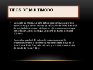 TIPOS DE MULTIMODO 
• Con salto de índice. La fibra óptica está compuesta por dos 
estructuras que tienen índices de refracción distintos. La señal 
de longitud de onda no visible por el ojo humano se propaga 
por reflexión. Asi se consigue un ancho de banda de hasta 
100 MHz. 
• Con índice gradual. El índice de refracción aumenta 
proporcionalmente a la distancia radial respecto al eje de la 
fibra óptica. Es la fibra más utilizada y proporciona un ancho 
de banda de hasta 1 GHz 
 