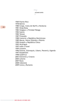 44
7
1969 Puerto Rico
1978 Bolivia
1980 Congo, Costa de Marfil y Honduras
1981 Hong-Kong
1982 Singapur y Trinidad-Tobago
1984 Suecia
1985 Taiwan
1987 Finlandia
1988 Camerún y República Dominicana
1989 Macao, Nueva Zelanda y Polonia
1990 Hungría y República Checa
1992 Nicaragua
1993 India e Israel
1994 Lituania
1996 Estonia, Eslovaquia, Líbano, Panamá y Uganda
1997 Kazakhstán
1998 Sudáfrica
2003 Eslovenia y Croacia
2004 Letonia
2007 Rusia
2008 Indonesia
2009 Corea y Rumania
ALGUNOS DATOS
BEAT MÜLLER. OCTUBRE 2009.
 