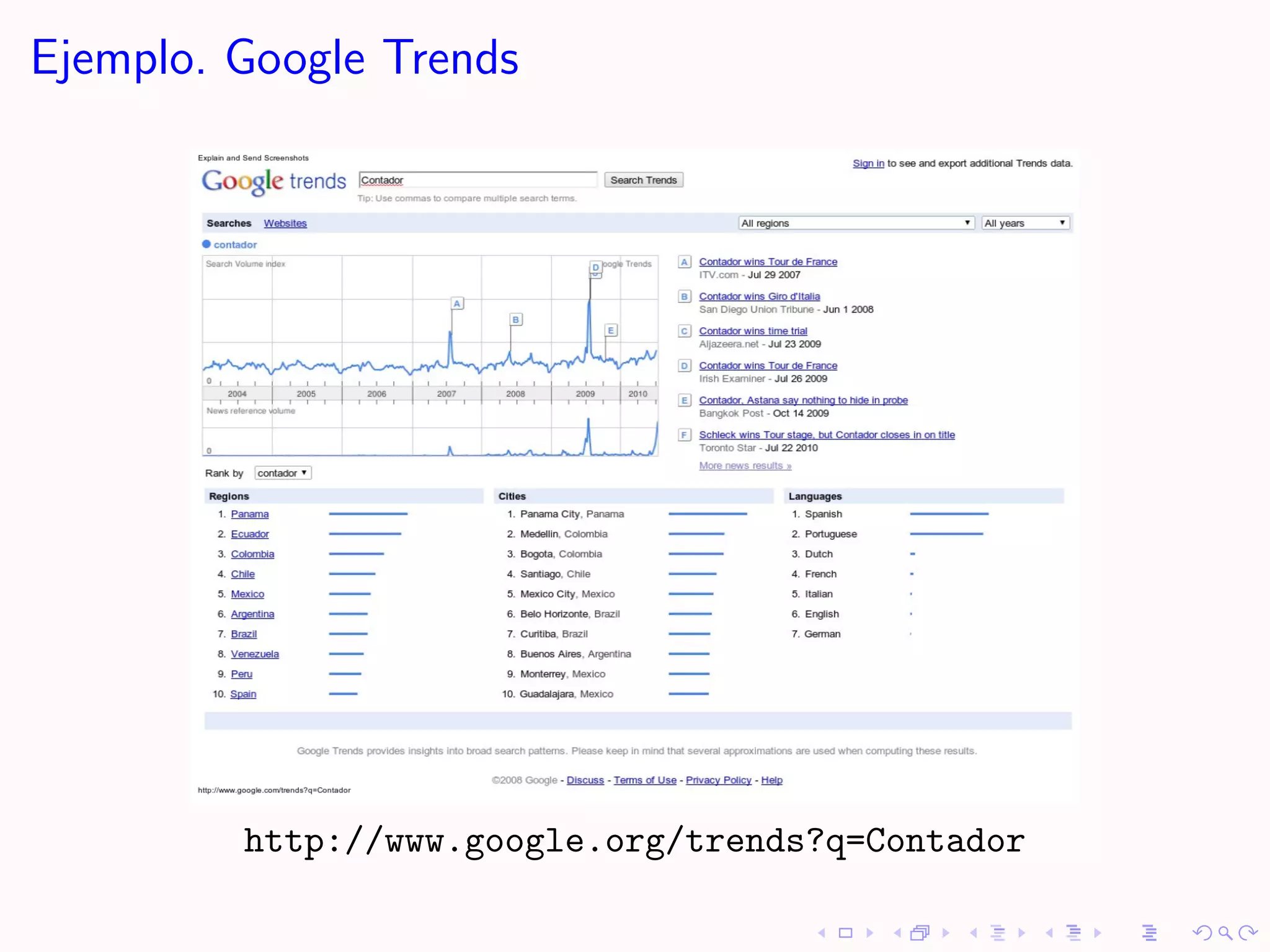 Ejemplo. Google Trends




         http://www.google.org/trends?q=Contador
 