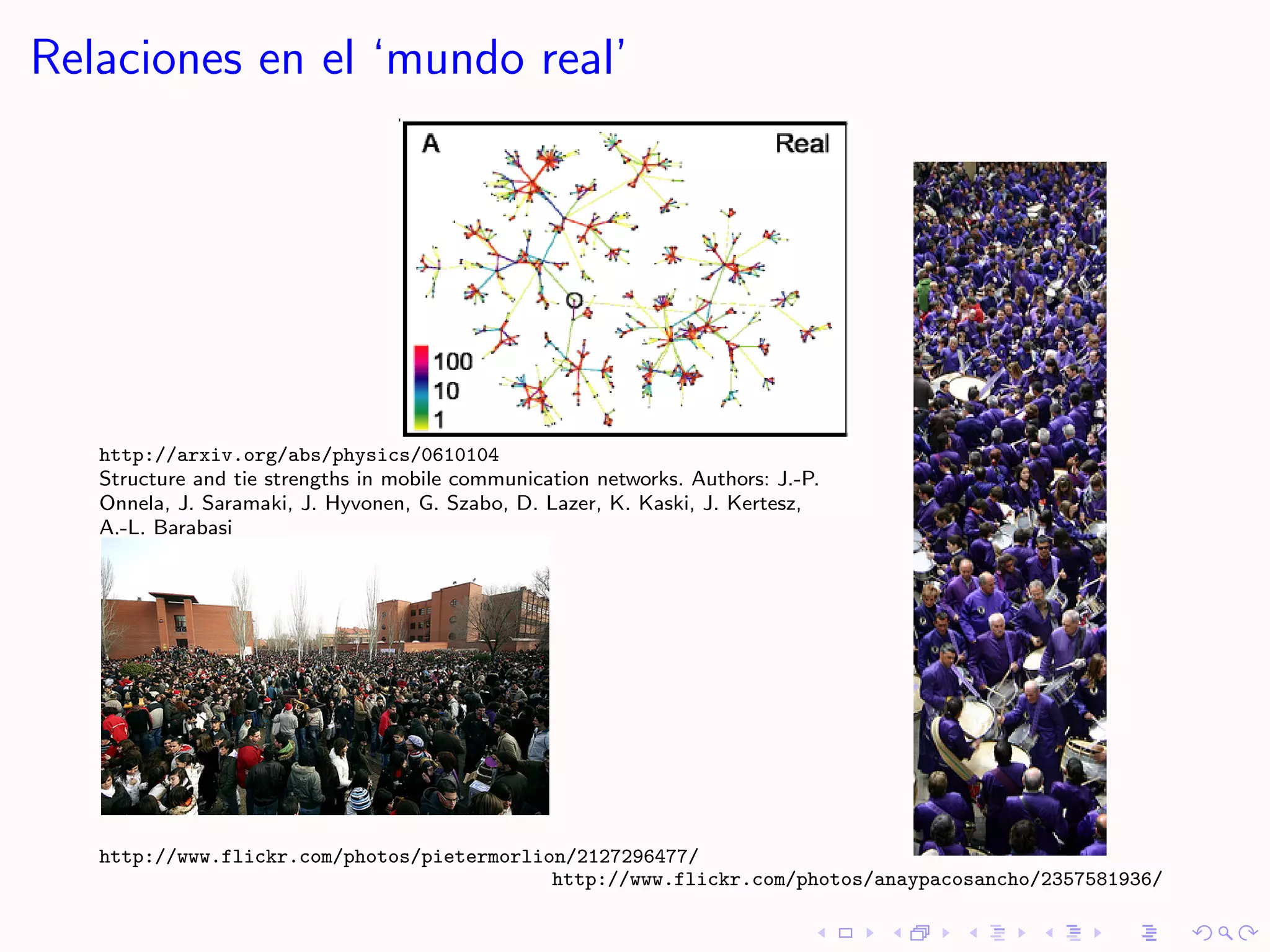 Relaciones en el ‘mundo real’




   http://arxiv.org/abs/physics/0610104
   Structure and tie strengths in mobile communication networks. Authors: J.-P.
   Onnela, J. Saramaki, J. Hyvonen, G. Szabo, D. Lazer, K. Kaski, J. Kertesz,
   A.-L. Barabasi




   http://www.flickr.com/photos/pietermorlion/2127296477/
                                            http://www.flickr.com/photos/anaypacosancho/2357581936/
 