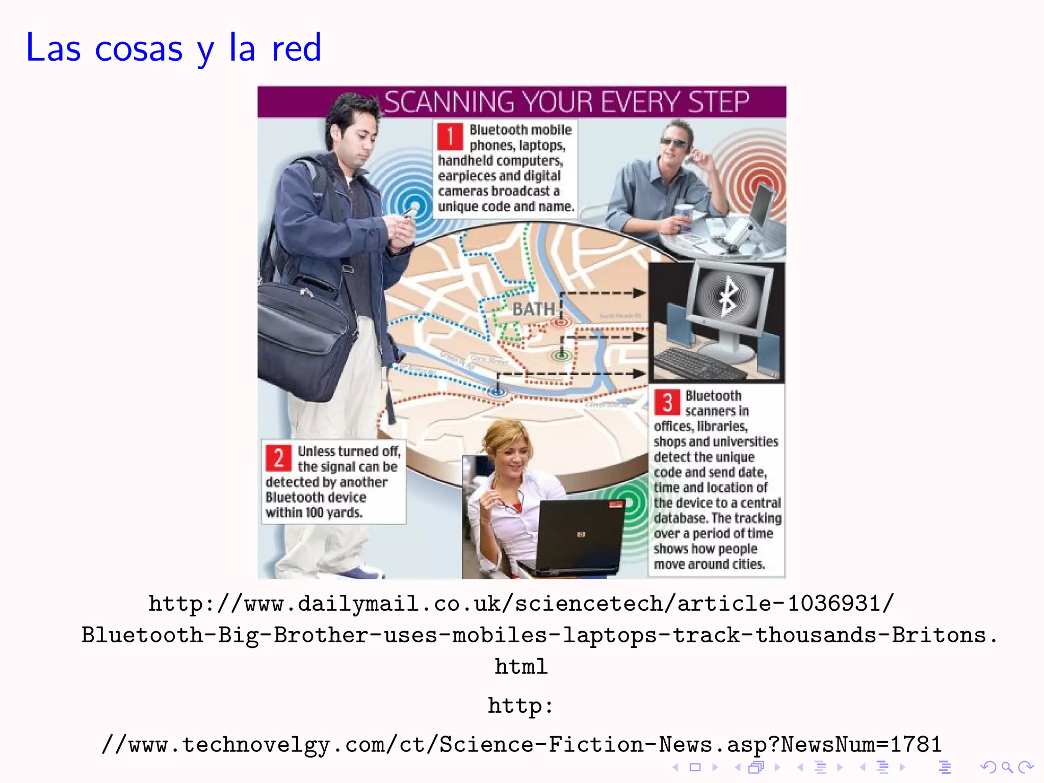 Las cosas y la red




        http://www.dailymail.co.uk/sciencetech/article-1036931/
   Bluetooth-Big-Brother-uses-mobiles-laptops-track-thousands-Britons.
                                  html
                                http:
    //www.technovelgy.com/ct/Science-Fiction-News.asp?NewsNum=1781
 