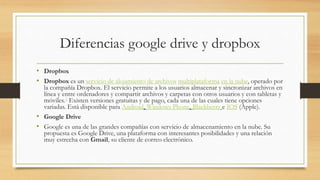 Diferencias google drive y dropbox
• Dropbox
• Dropbox es un servicio de alojamiento de archivos multiplataforma en la nube, operado por
la compañía Dropbox. El servicio permite a los usuarios almacenar y sincronizar archivos en
línea y entre ordenadores y compartir archivos y carpetas con otros usuarios y con tabletas y
móviles.1 Existen versiones gratuitas y de pago, cada una de las cuales tiene opciones
variadas. Está disponible para Android, Windows Phone, Blackberry e IOS (Apple).
• Google Drive
• Google es una de las grandes compañías con servicio de almacenamiento en la nube. Su
propuesta es Google Drive, una plataforma con interesantes posibilidades y una relación
muy estrecha con Gmail, su cliente de correo electrónico.