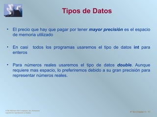 Tipos de Datos El precio que hay que pagar por tener  mayor precisión  es el espacio de memoria utilizado En casi  todos los programas usaremos el tipo de datos  int  para enteros Para números reales usaremos el tipo de datos  double . Aunque requiere mas espacio, lo preferiremos debido a su gran precisión para representar números reales. ©The McGraw-Hill Companies, Inc. Permission required for reproduction or display. 4 th  Ed Chapter 3  -  