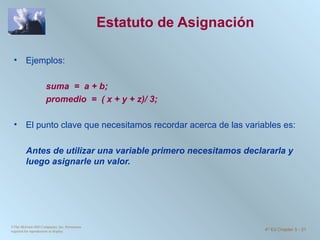 Estatuto de Asignación  Ejemplos:   suma  =  a + b; promedio  =  ( x + y + z)/ 3; El punto clave que necesitamos recordar acerca de las variables es: Antes de utilizar una variable primero necesitamos declararla y luego asignarle un valor. ©The McGraw-Hill Companies, Inc. Permission required for reproduction or display. 4 th  Ed Chapter 3  -  