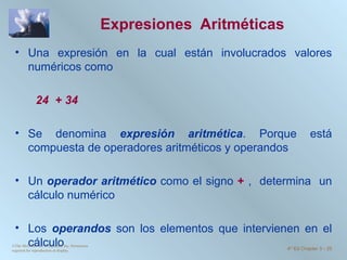 Expresiones  Aritm é ticas Una expresión en la cual están involucrados valores numéricos como  24  + 34 Se denomina  expresión aritmética . Porque está compuesta de operadores aritméticos y operandos Un  operador aritmético  como el signo  +  ,  determina  un cálculo numérico  Los  operandos  son los elementos que intervienen en el cálculo  ©The McGraw-Hill Companies, Inc. Permission required for reproduction or display. 4 th  Ed Chapter 3  -  