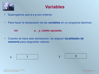 Variables Supongamos que   x   e  y  son enteros: Para hacer la declaración de las  variables  en un programa decimos: int    x,  y, cateto opuesto; Cuando se hace esta declaración, se asignan  localidades de memoria  para asignarles valores: ©The McGraw-Hill Companies, Inc. Permission required for reproduction or display. 4 th  Ed Chapter 3  -  7 9 x y 